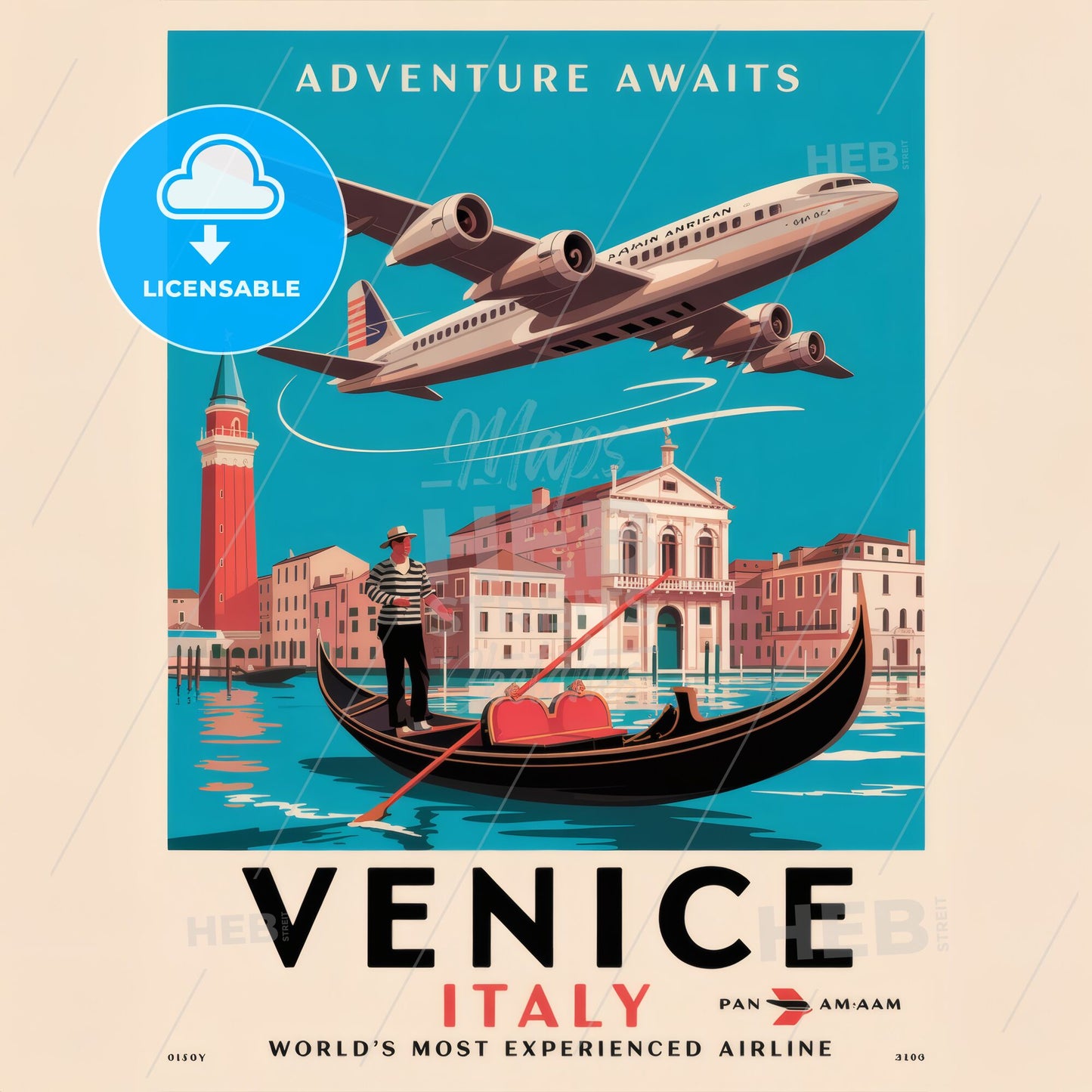 Retro Venice Adventure: Art Deco Travel Poster with Gondola & Pan Am Charm