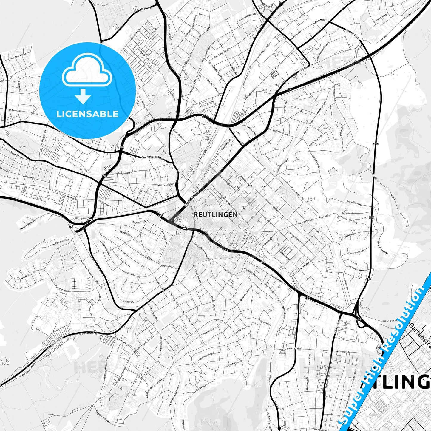 Reutlingen, Germany Light Map with Street Names, City Names, and Districts