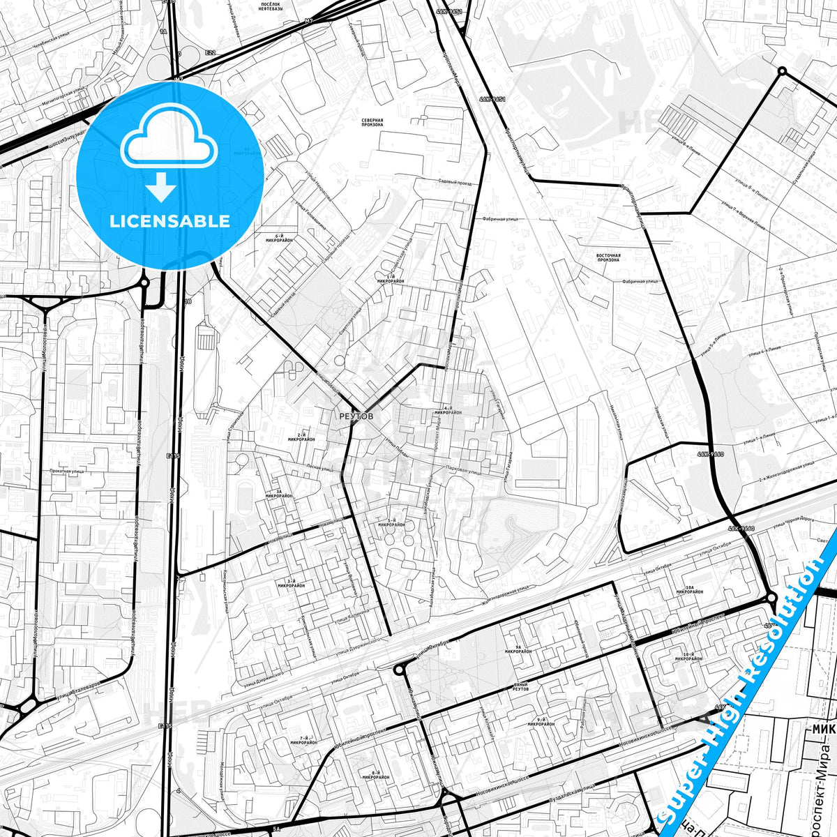 Reutov, Russia Light Map with Street Names, City Names, and Districts