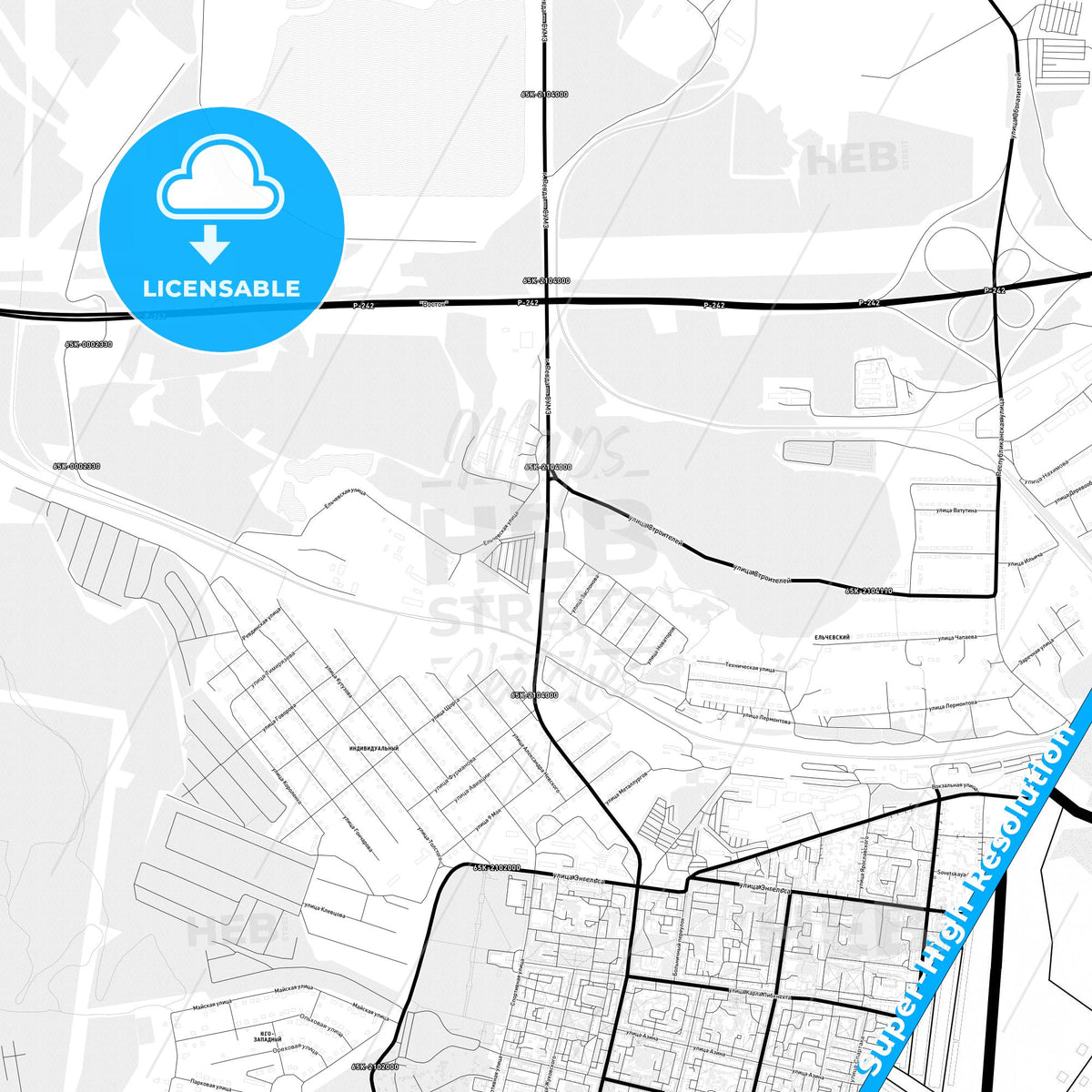 Revda, Russia Light Map with Street Names, City Names, and Districts