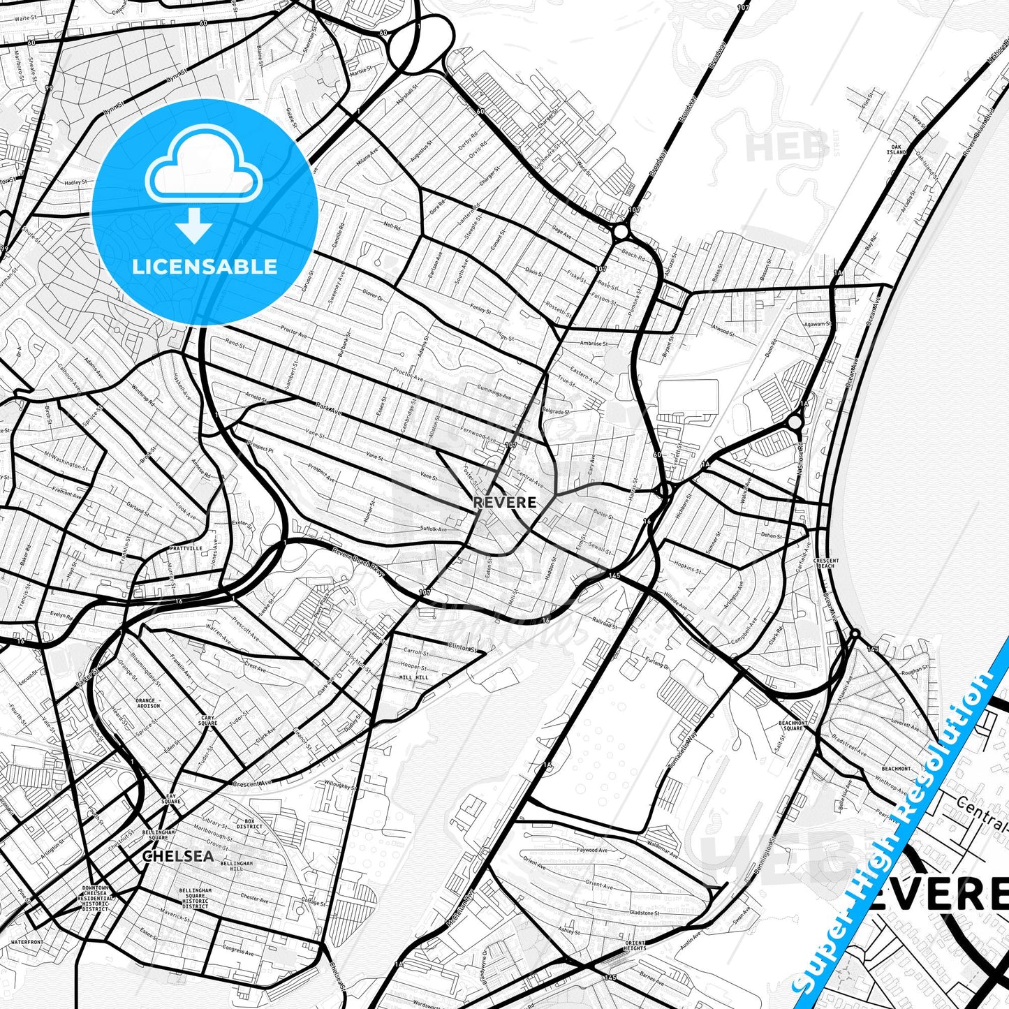 Revere, Massachusetts Light Map with Street Names, City Names, and Districts