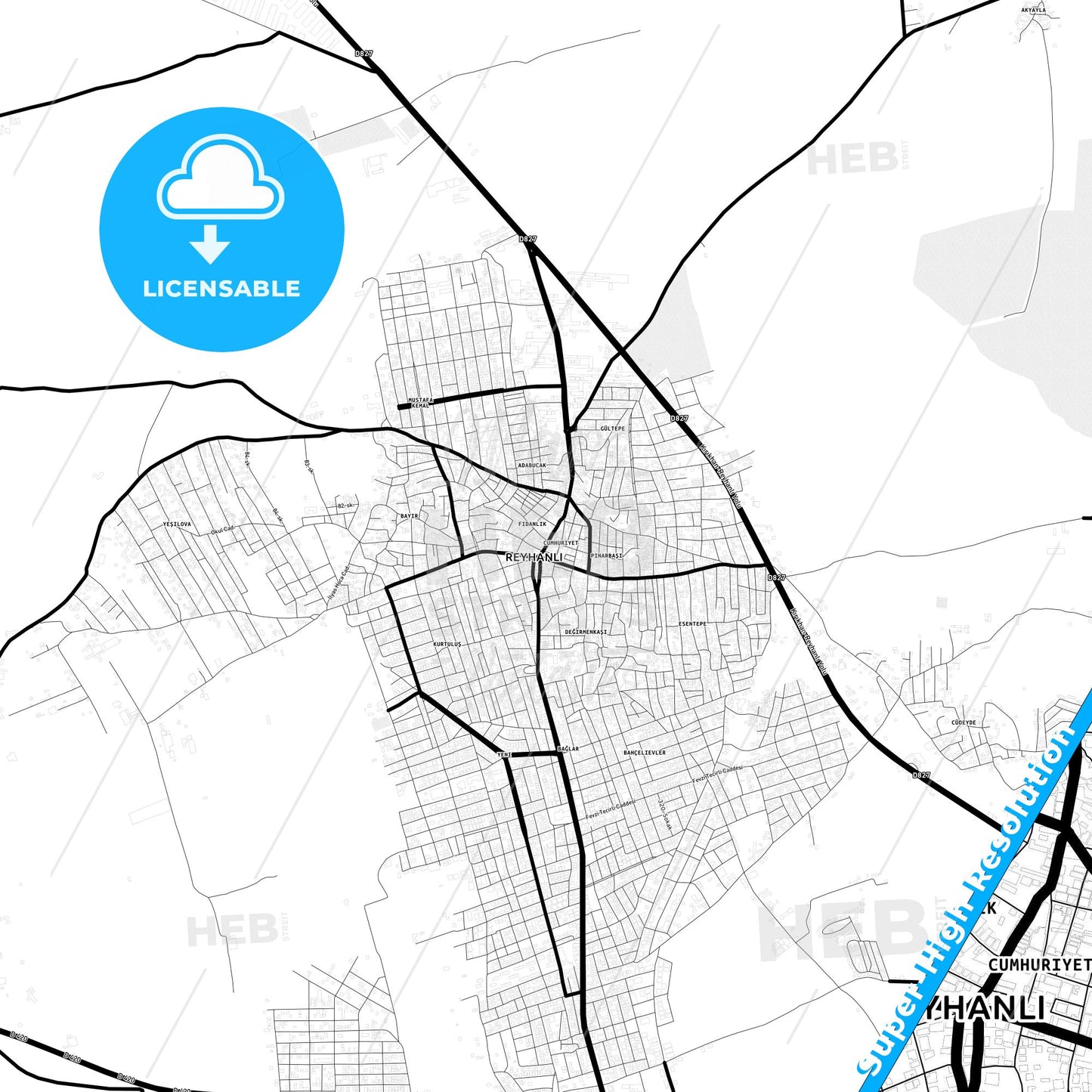 Reyhanlı, Turkey Light Map with Street Names, City Names, and Districts