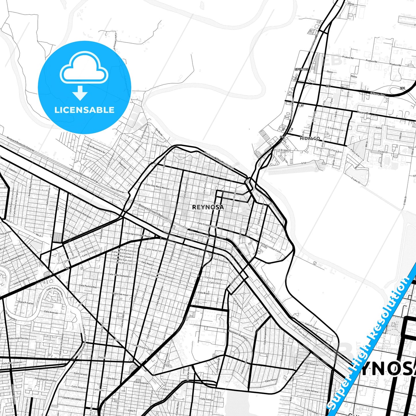 Reynosa, Mexico Light Map with Street Names, City Names, and Districts