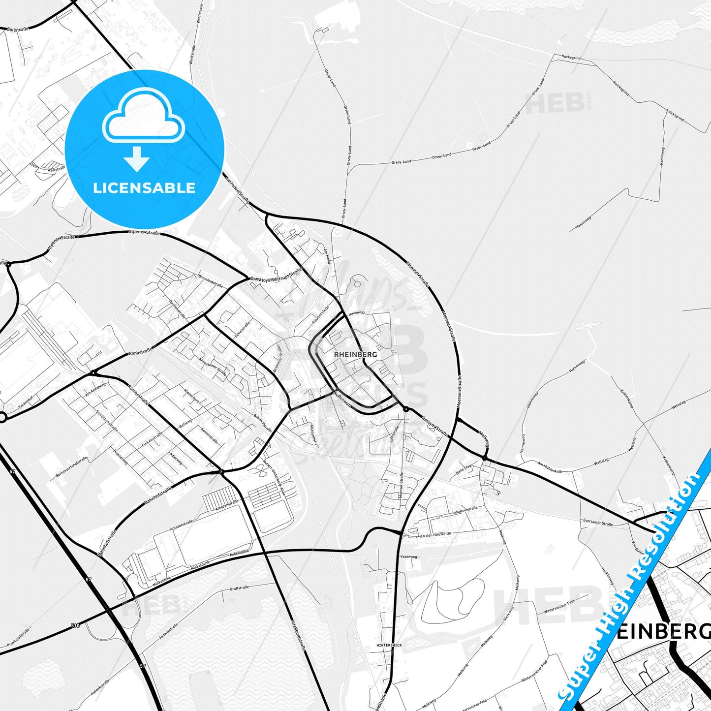 Rheinberg, Germany Light Map with Street Names, City Names, and Districts
