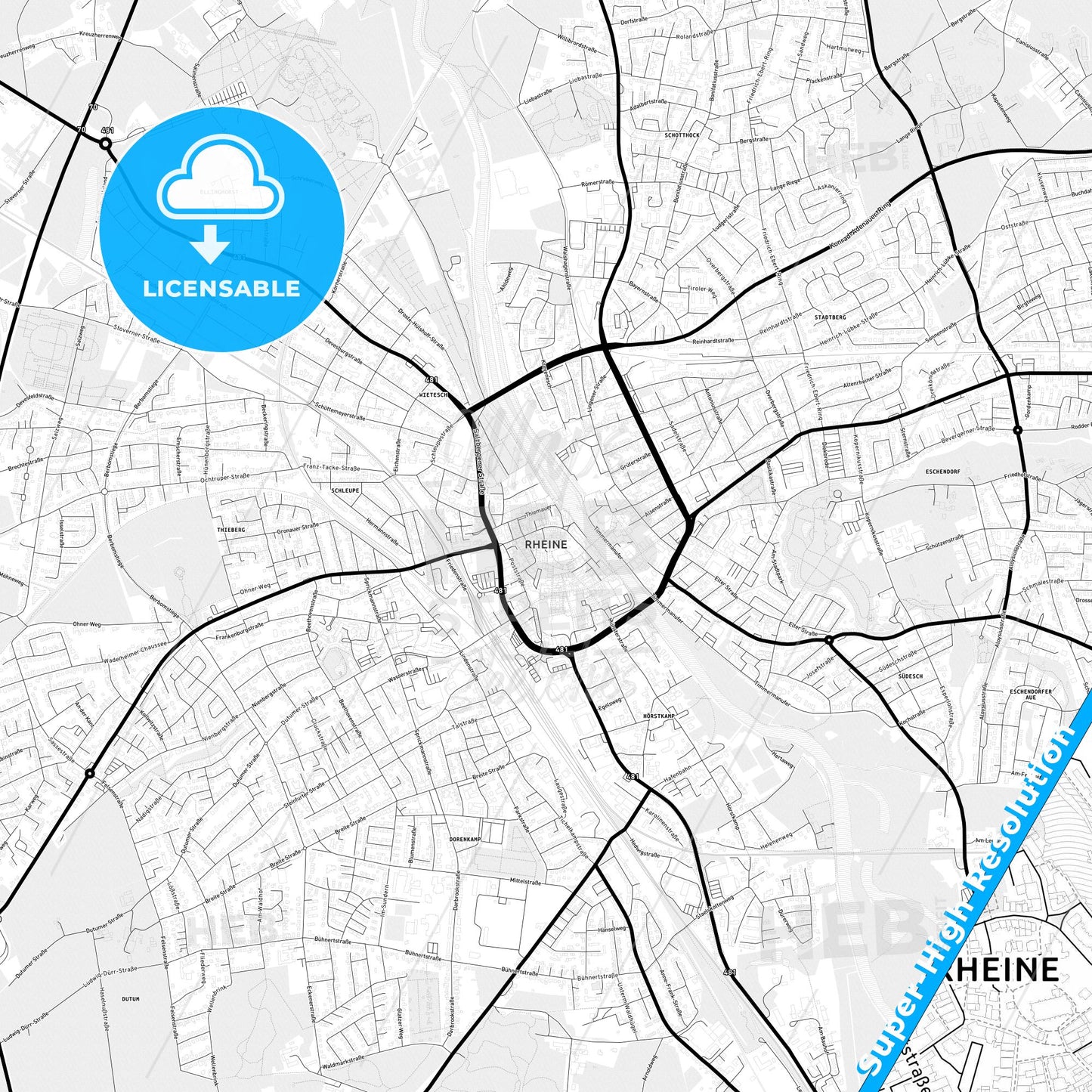 Rheine, Germany Light Map with Street Names, City Names, and Districts