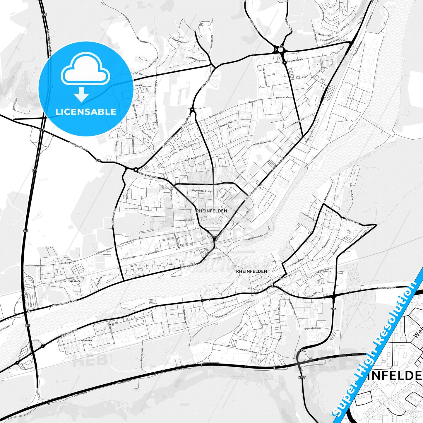 Rheinfelden (Baden), Germany Light Map with Street Names, City Names, and Districts