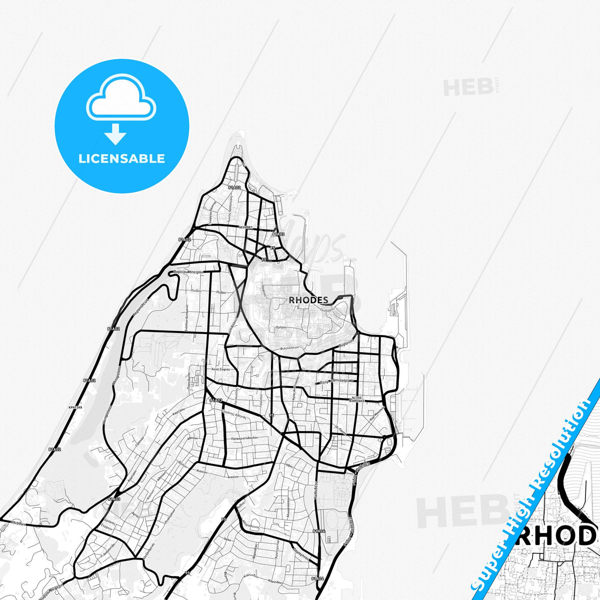 Rhodes, Greece Light Map with Street Names, City Names, and Districts