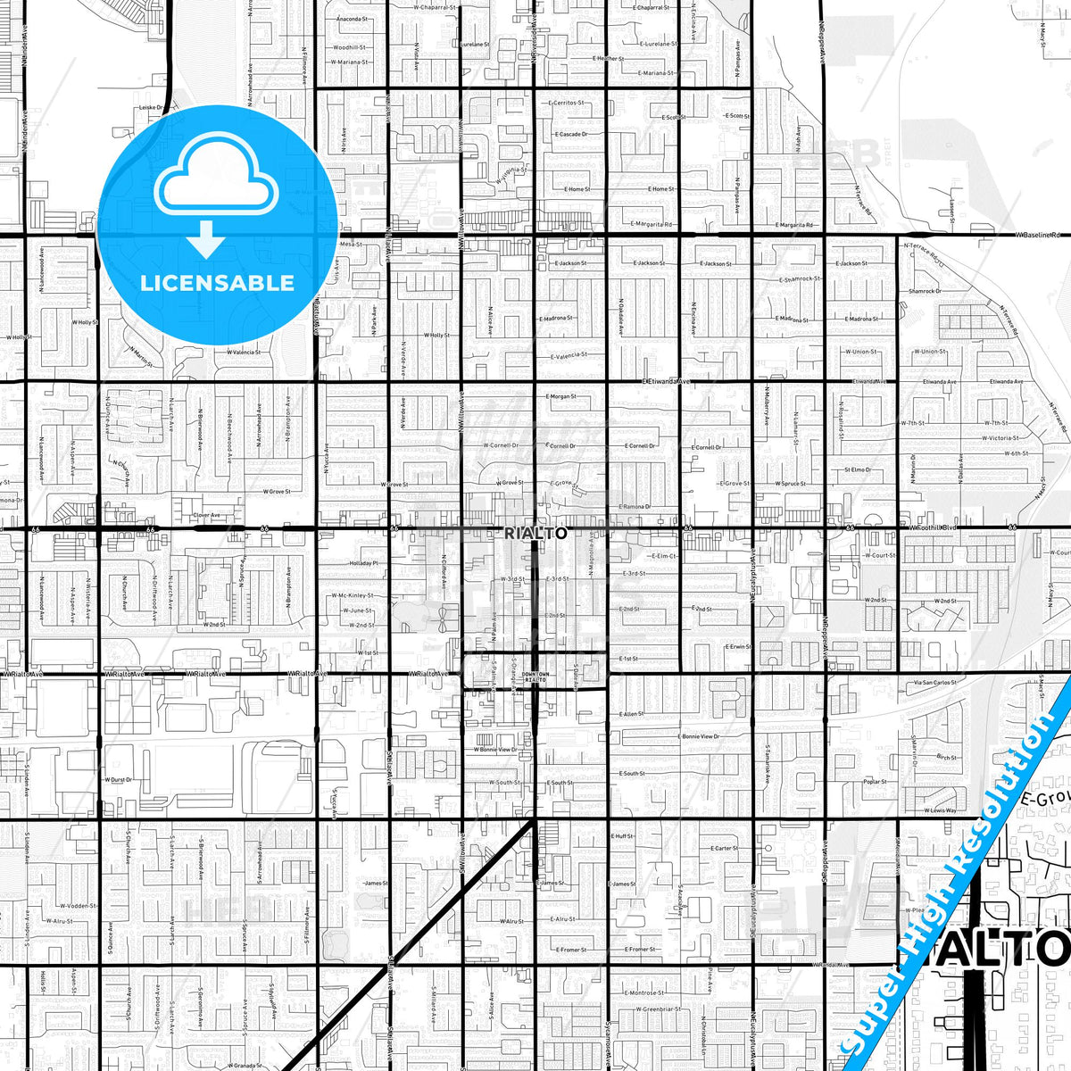 Rialto, California Light Map with Street Names, City Names, and Districts