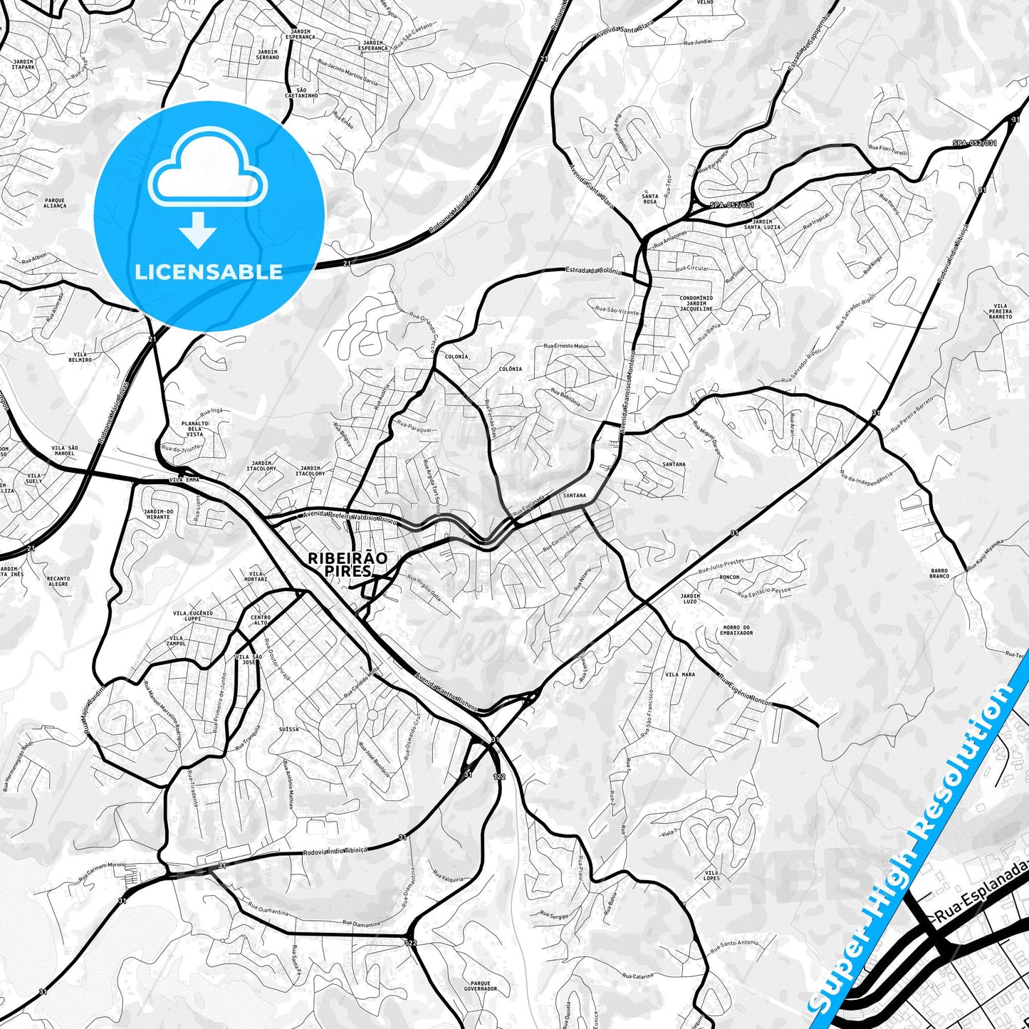 Ribeirao Pires, Brazil Light Map with Street Names, City Names, and Districts