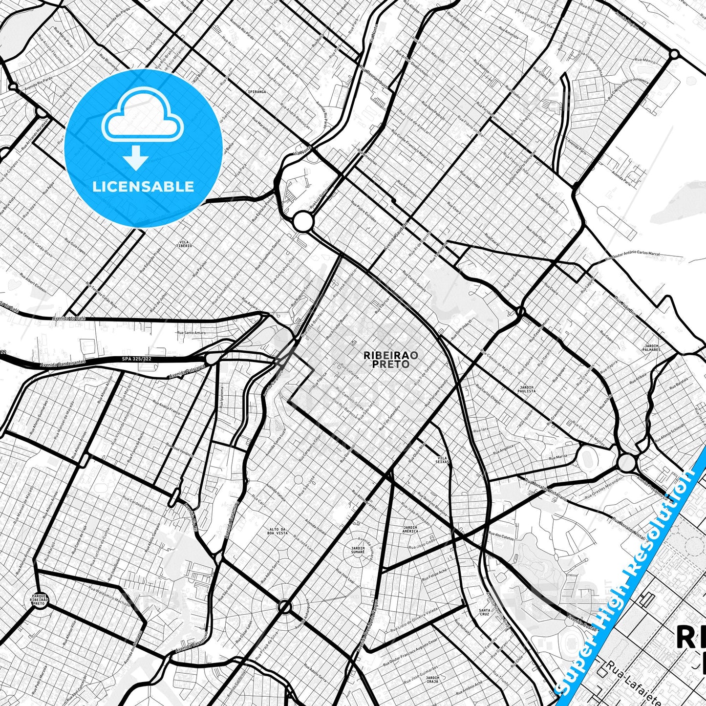Ribeirao Preto, Brazil Light Map with Street Names, City Names, and Districts