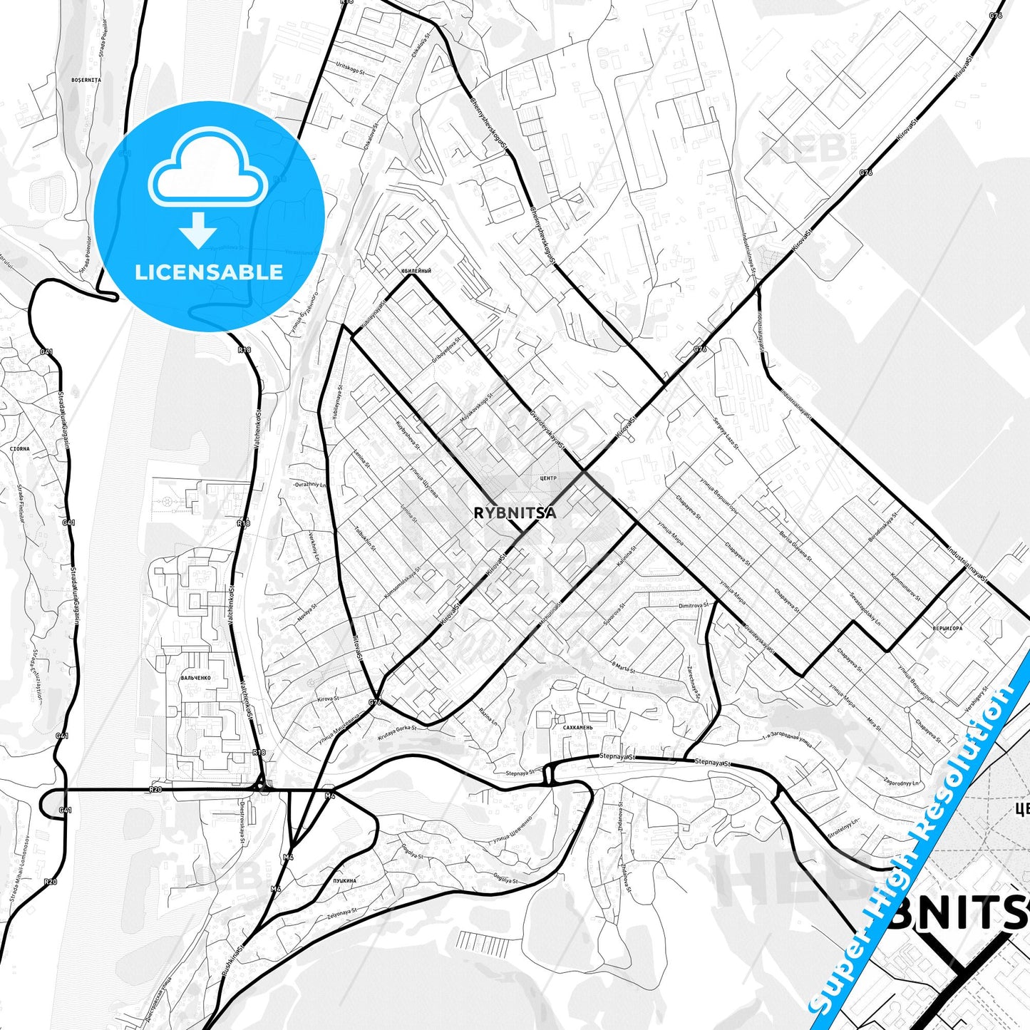 Rîbnița, Moldova Light Map with Street Names, City Names, and Districts