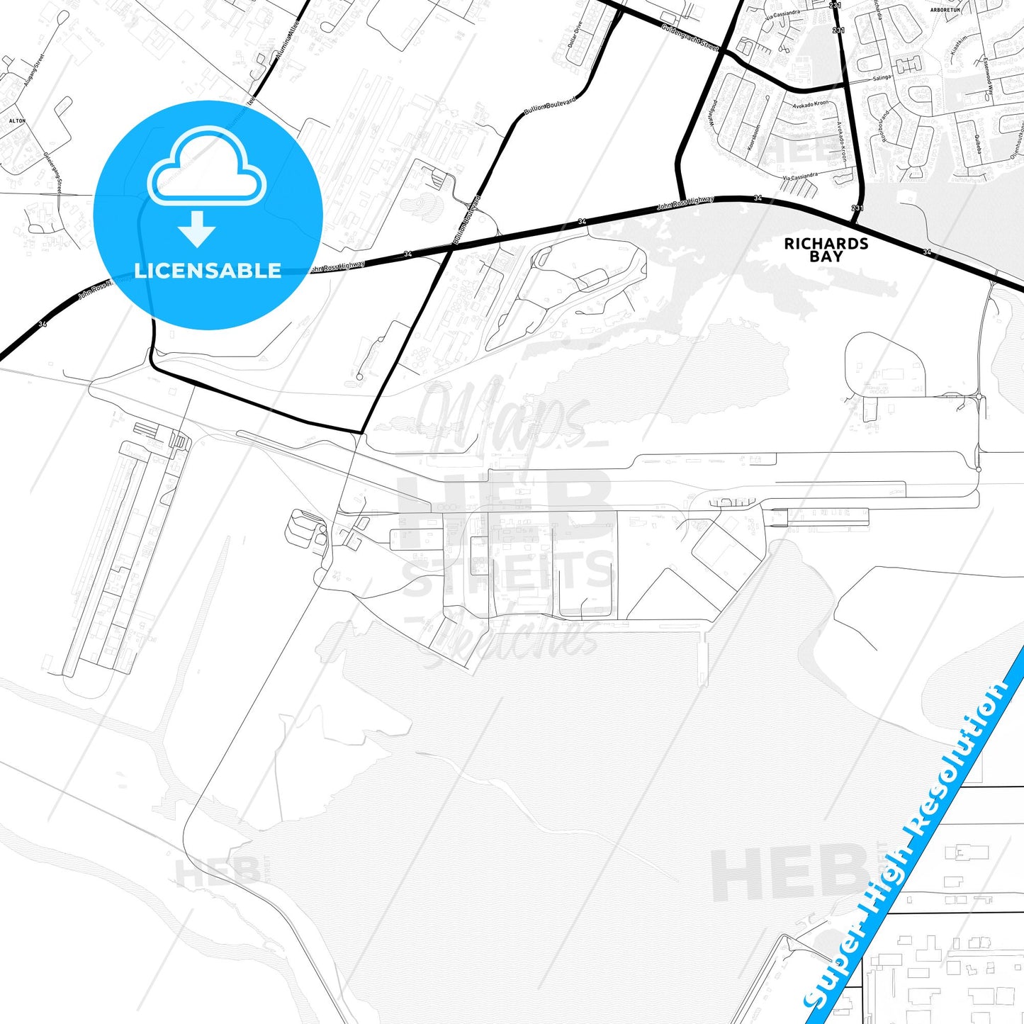 Richards Bay, South Africa Light Map with Street Names, City Names, and Districts