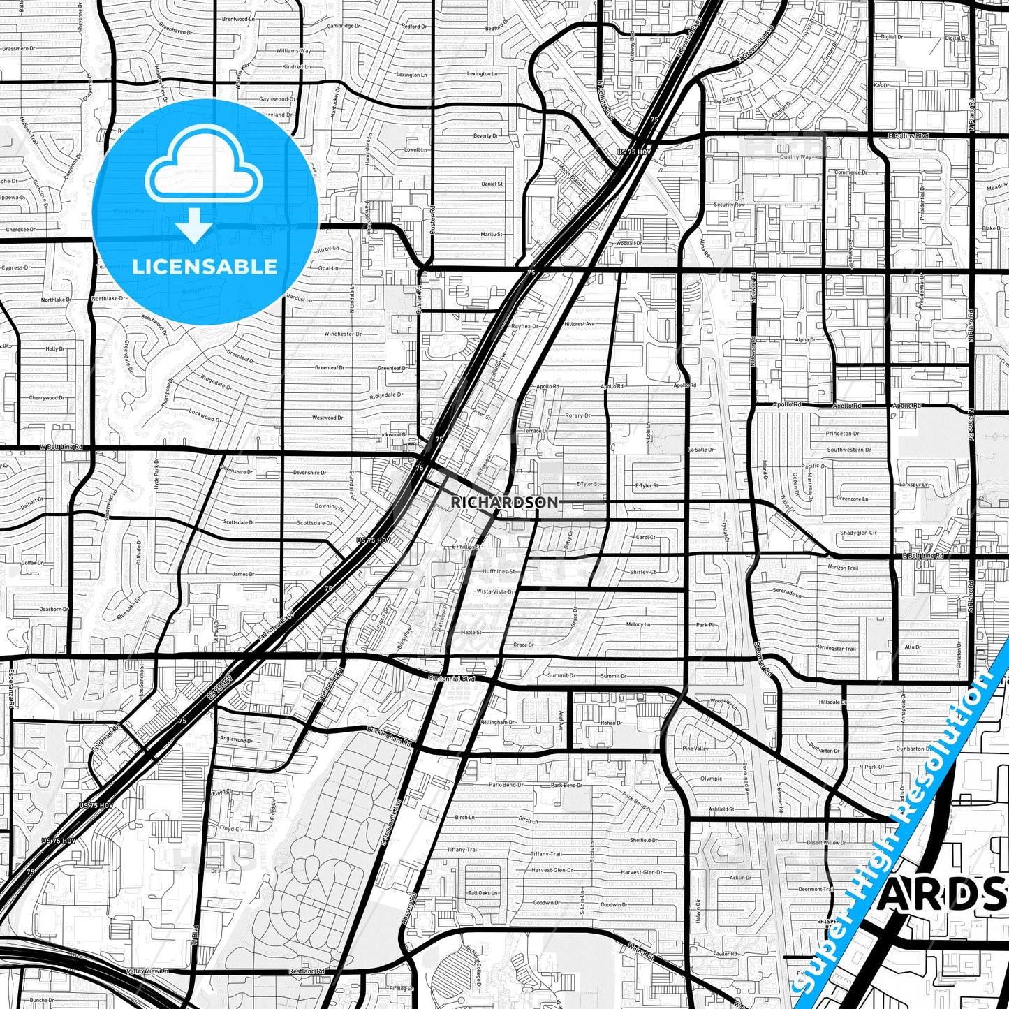 Richardson, Texas Light Map with Street Names, City Names, and Districts