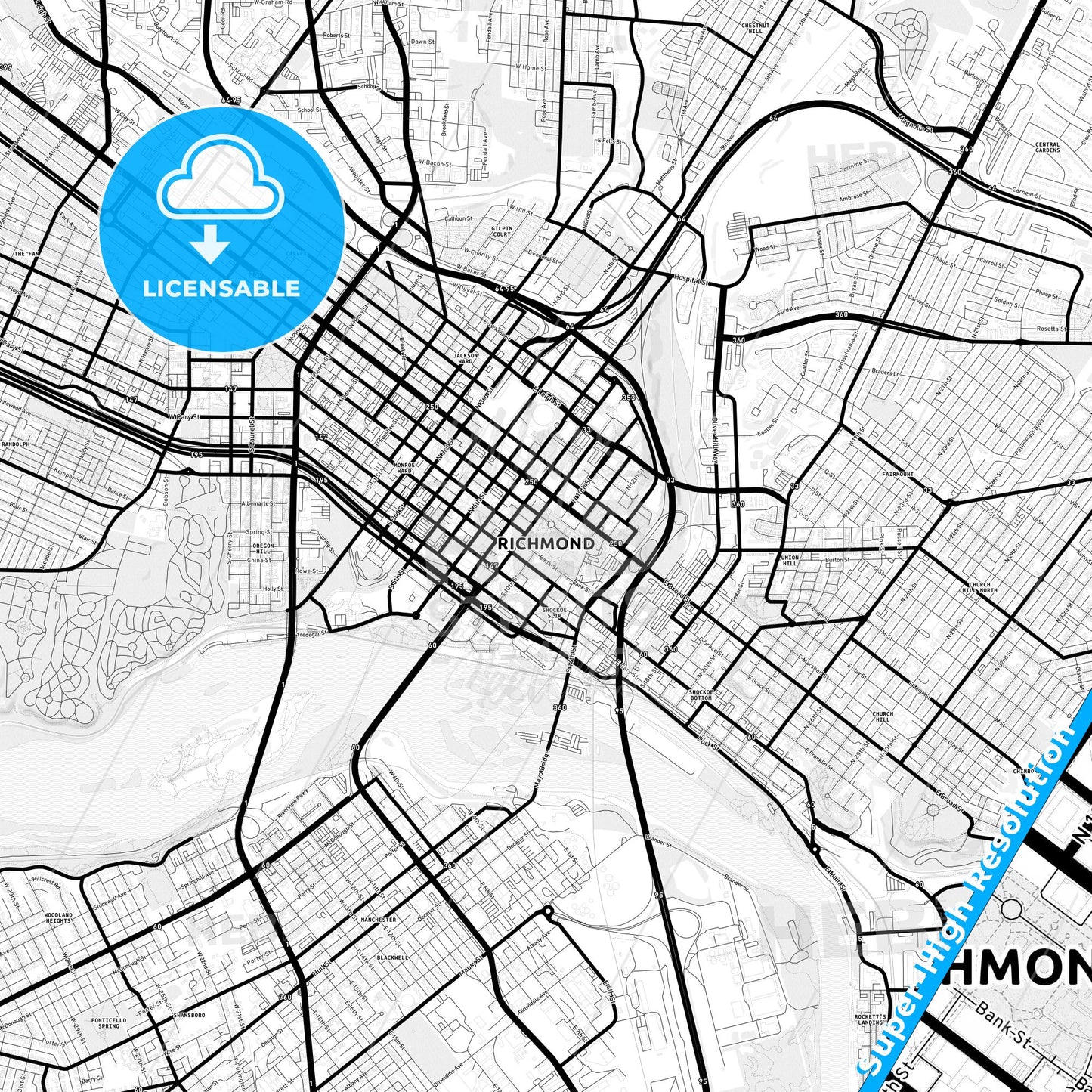 Richmond, Virginia Light Map with Street Names, City Names, and Districts