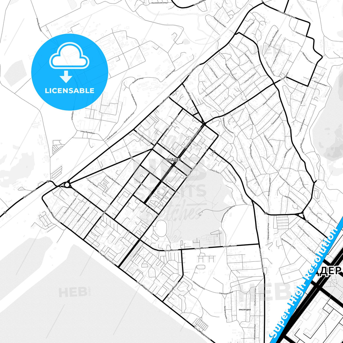 Ridder, Kazakhstan Light Map with Street Names, City Names, and Districts