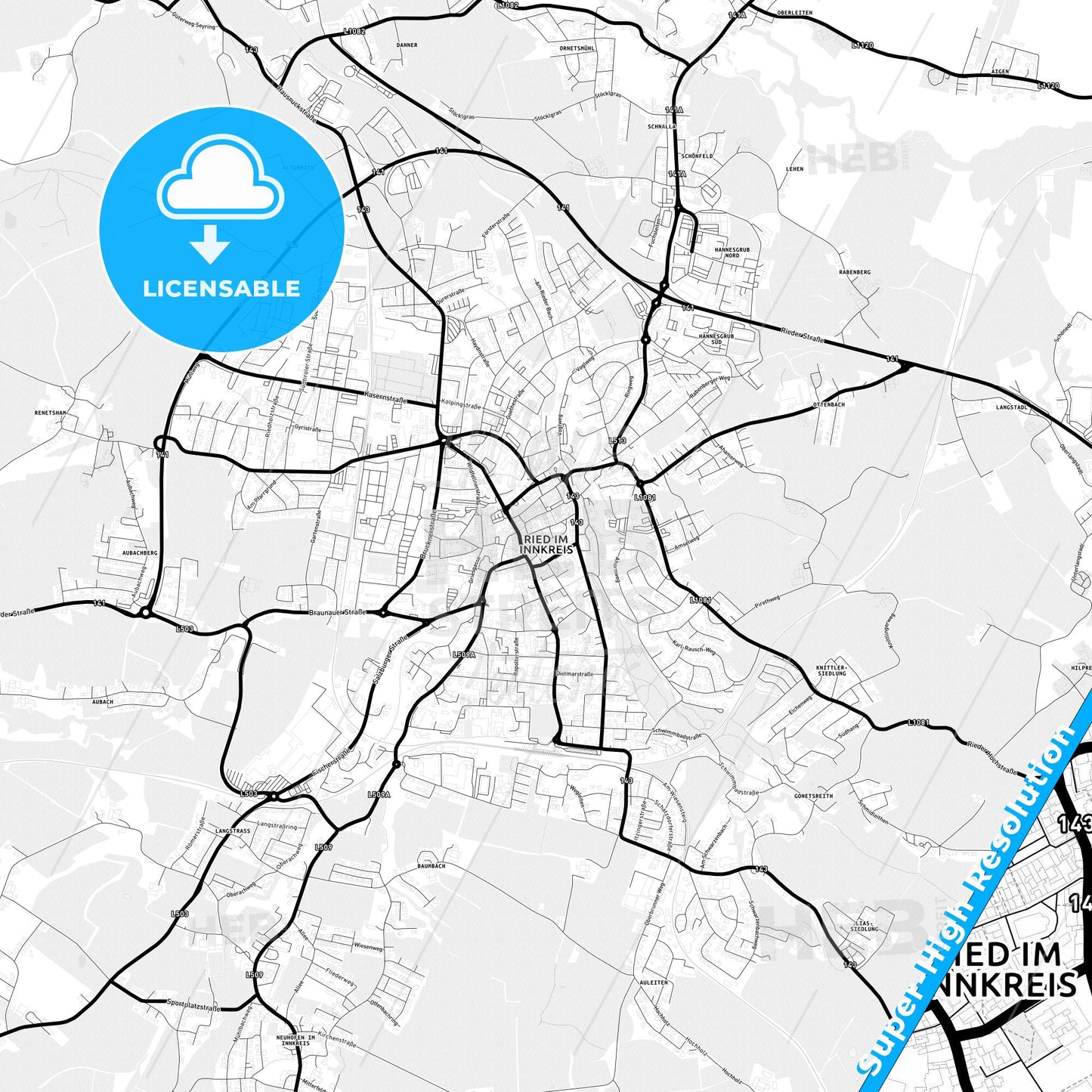 Ried im Innkreis, Austria Light Map with Street Names, City Names, and Districts