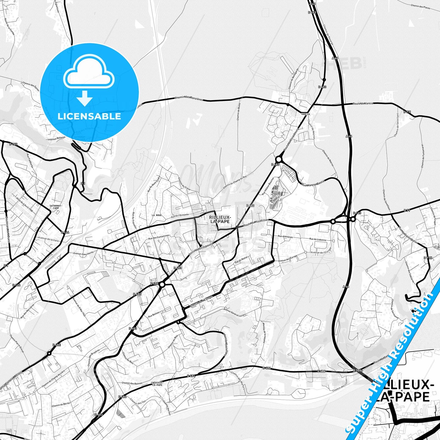 Rillieux-la-Pape, France Light Map with Street Names, City Names, and Districts