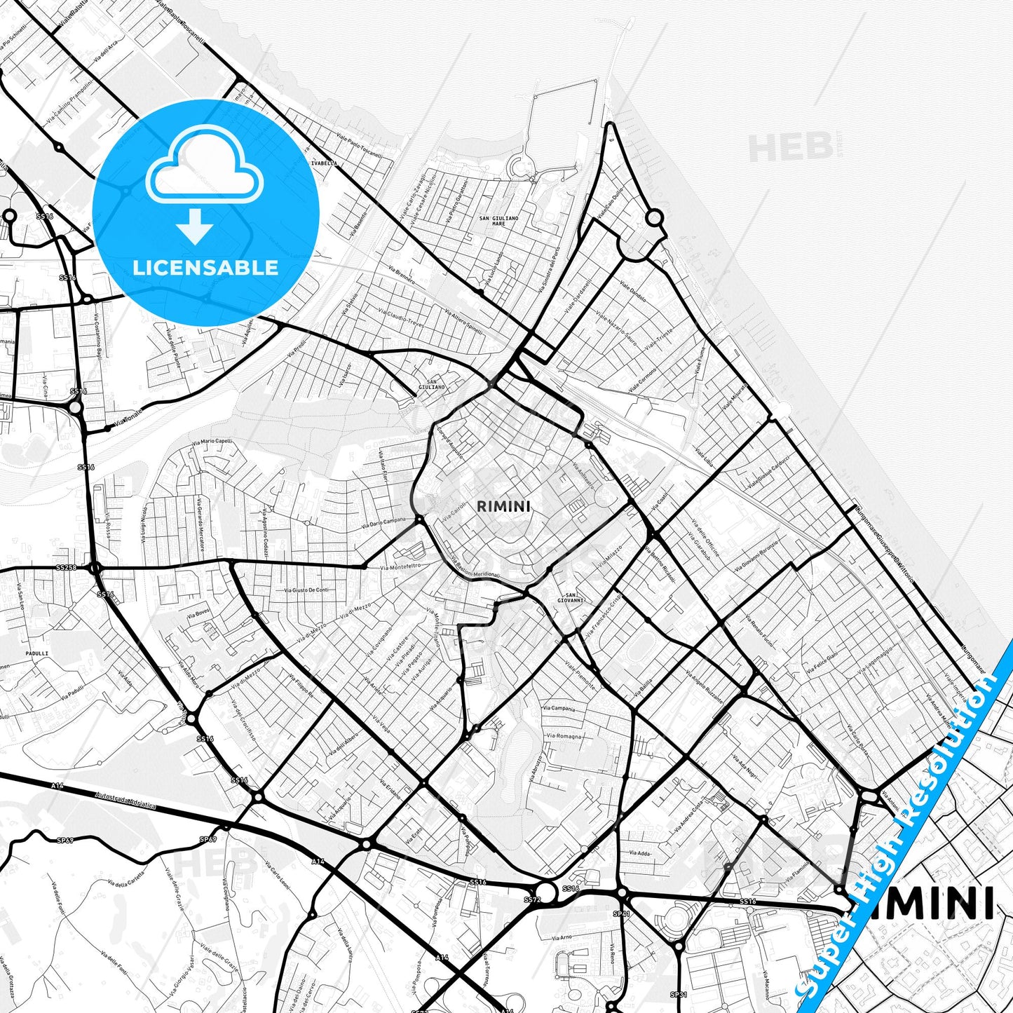 Rimini, Italy Light Map with Street Names, City Names, and Districts
