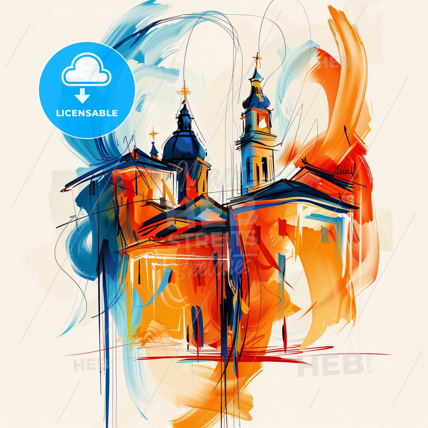 Vibrant Rimini, Italy - A Painting Of A Building With Towers And Crosses