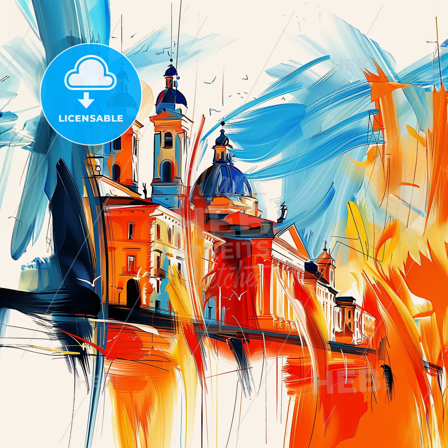 Vibrant Rimini, Italy - A Painting Of A Building With A Blue And Orange Roof