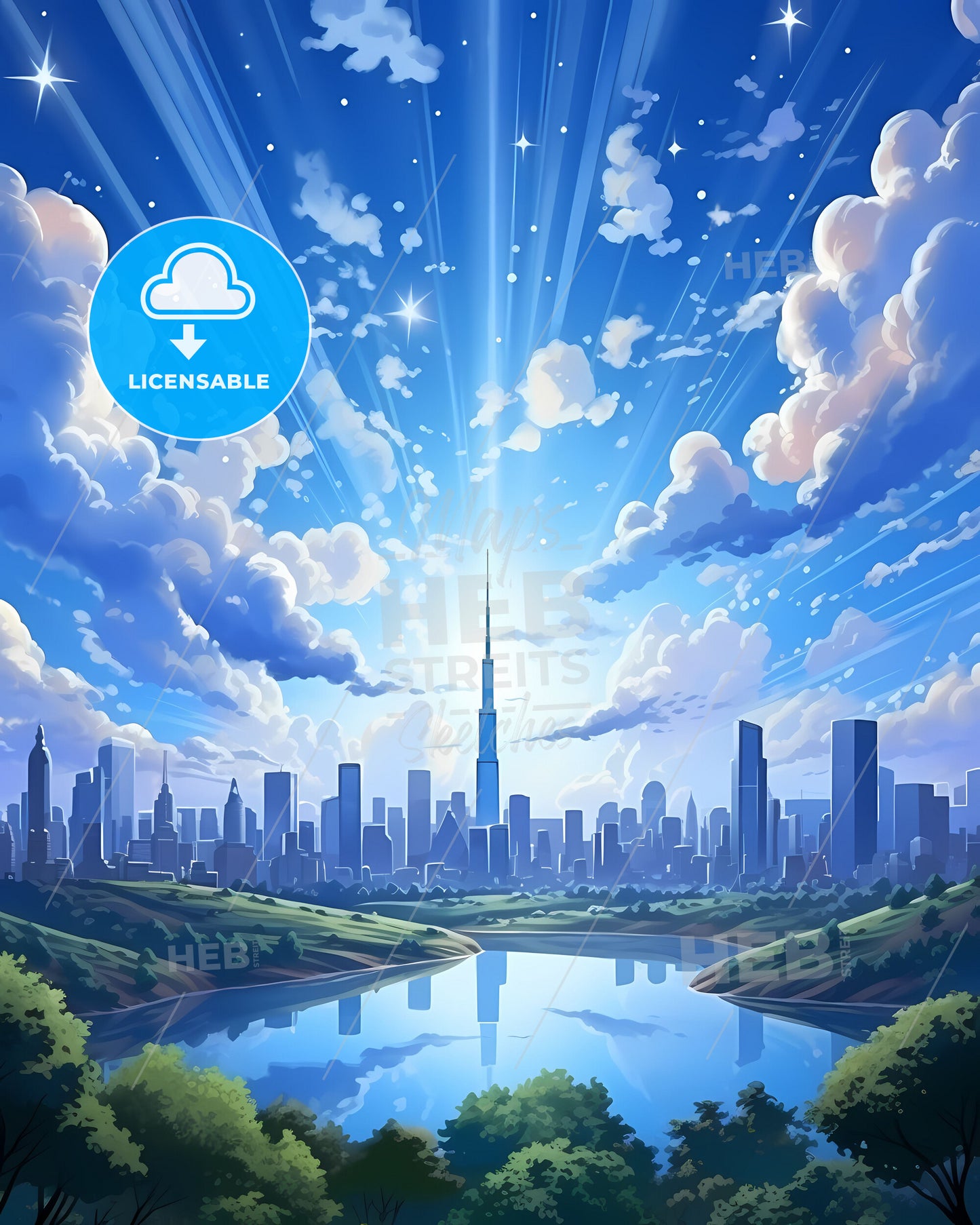 Vibrant Cityscape Painting: Artistic Rio Branco Brazil Skyline with Serene River and Clouds