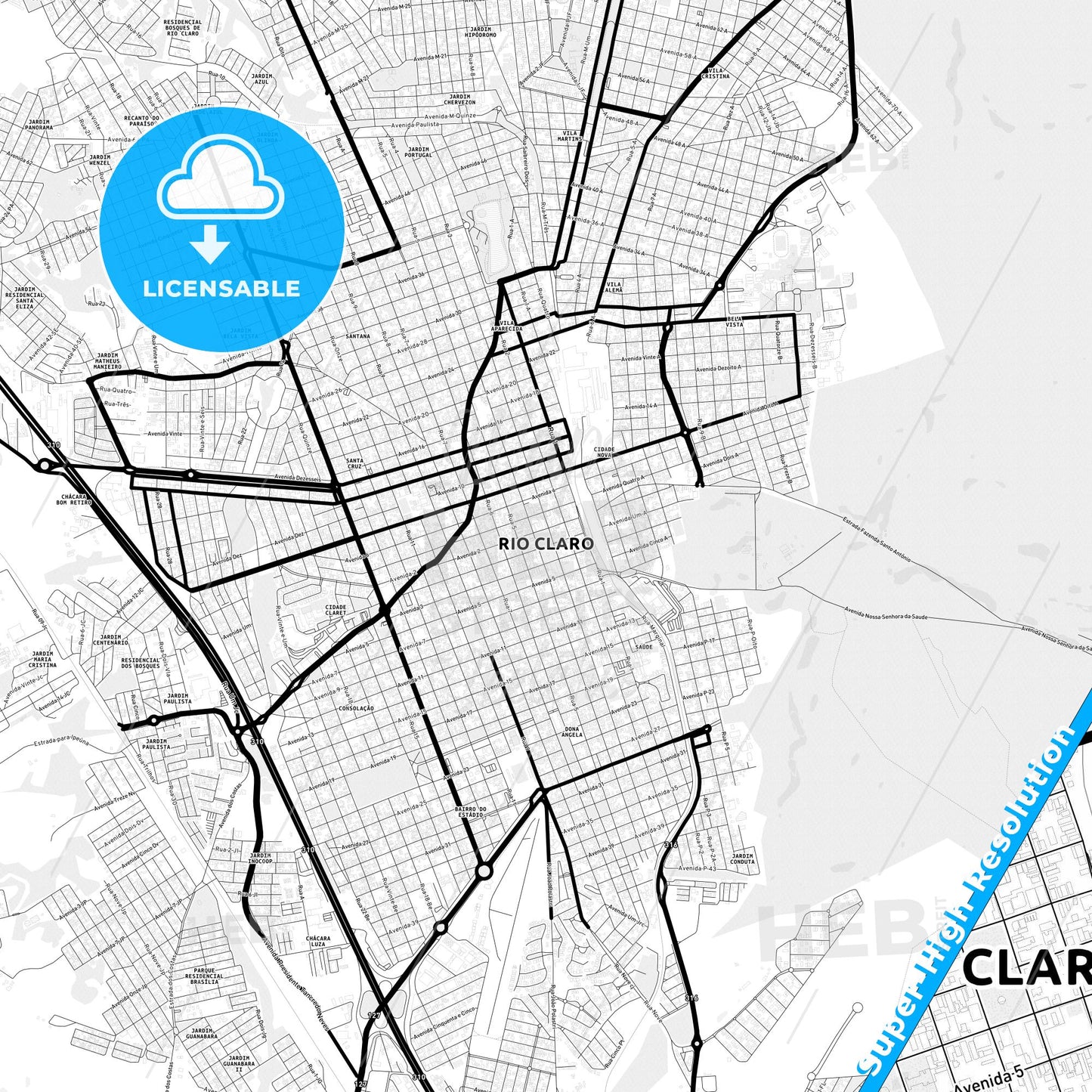 Rio Claro, Brazil Light Map with Street Names, City Names, and Districts