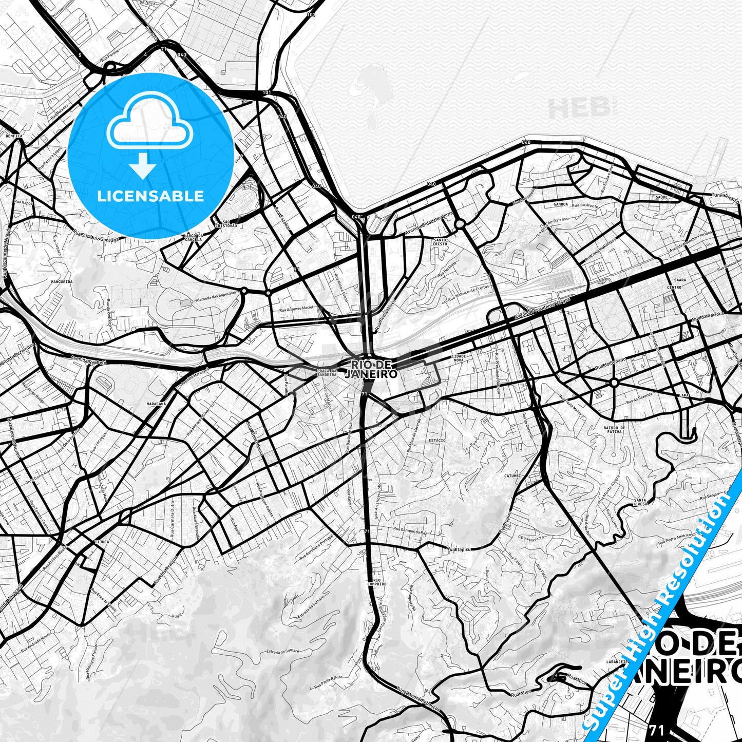 Rio de Janeiro, Brazil Light Map with Street Names, City Names, and Districts