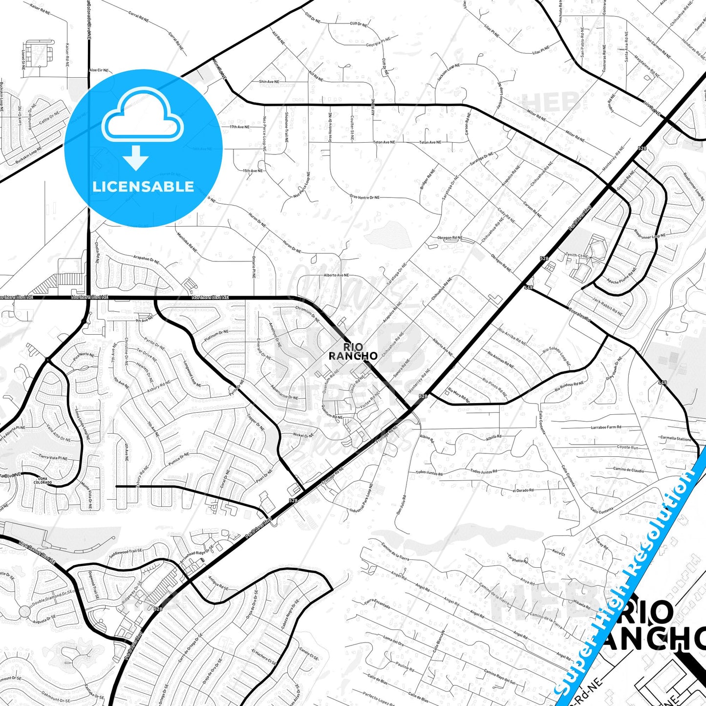 Rio Rancho, New Mexico Light Map with Street Names, City Names, and Districts