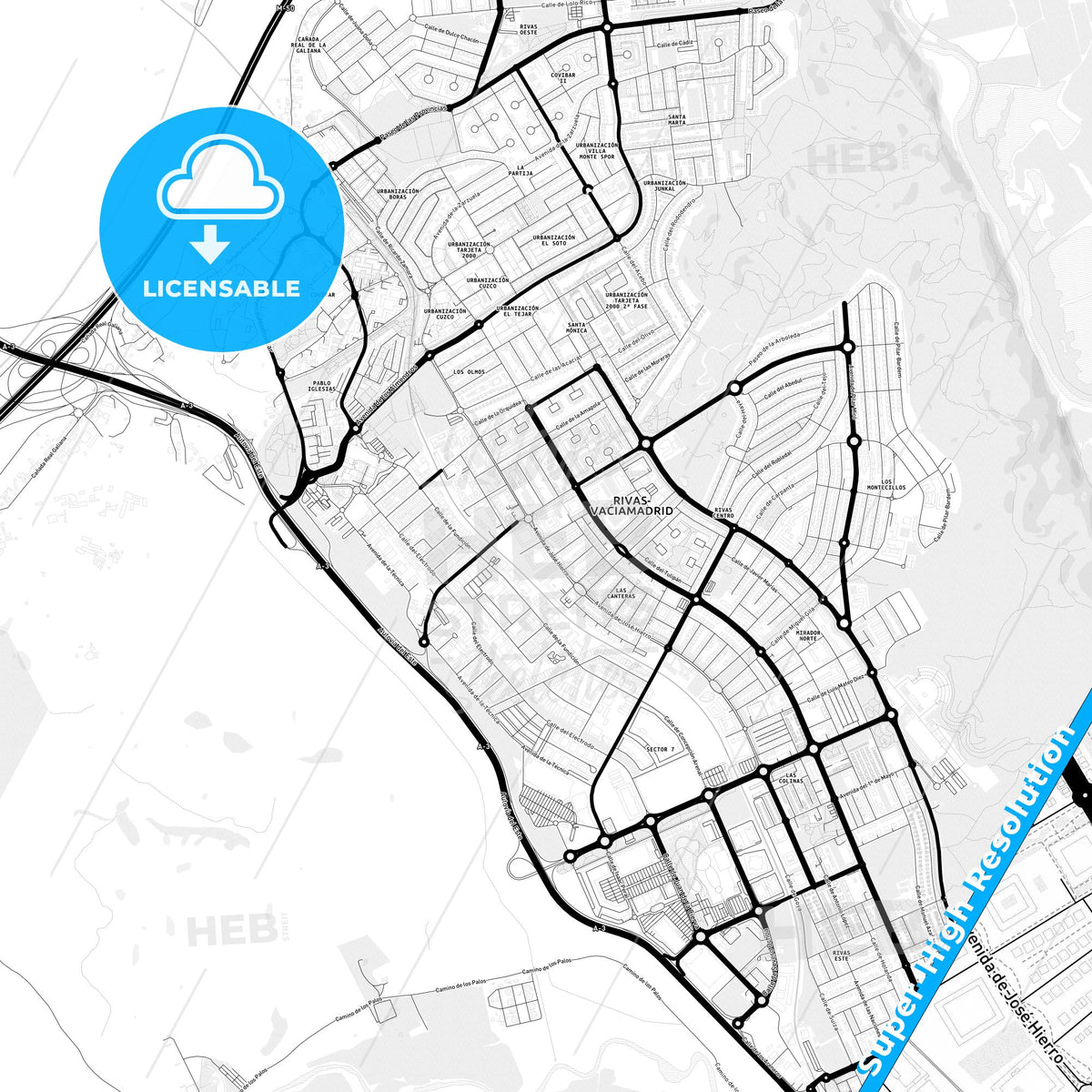 Rivas-Vaciamadrid, Spain Light Map with Street Names, City Names, and Districts