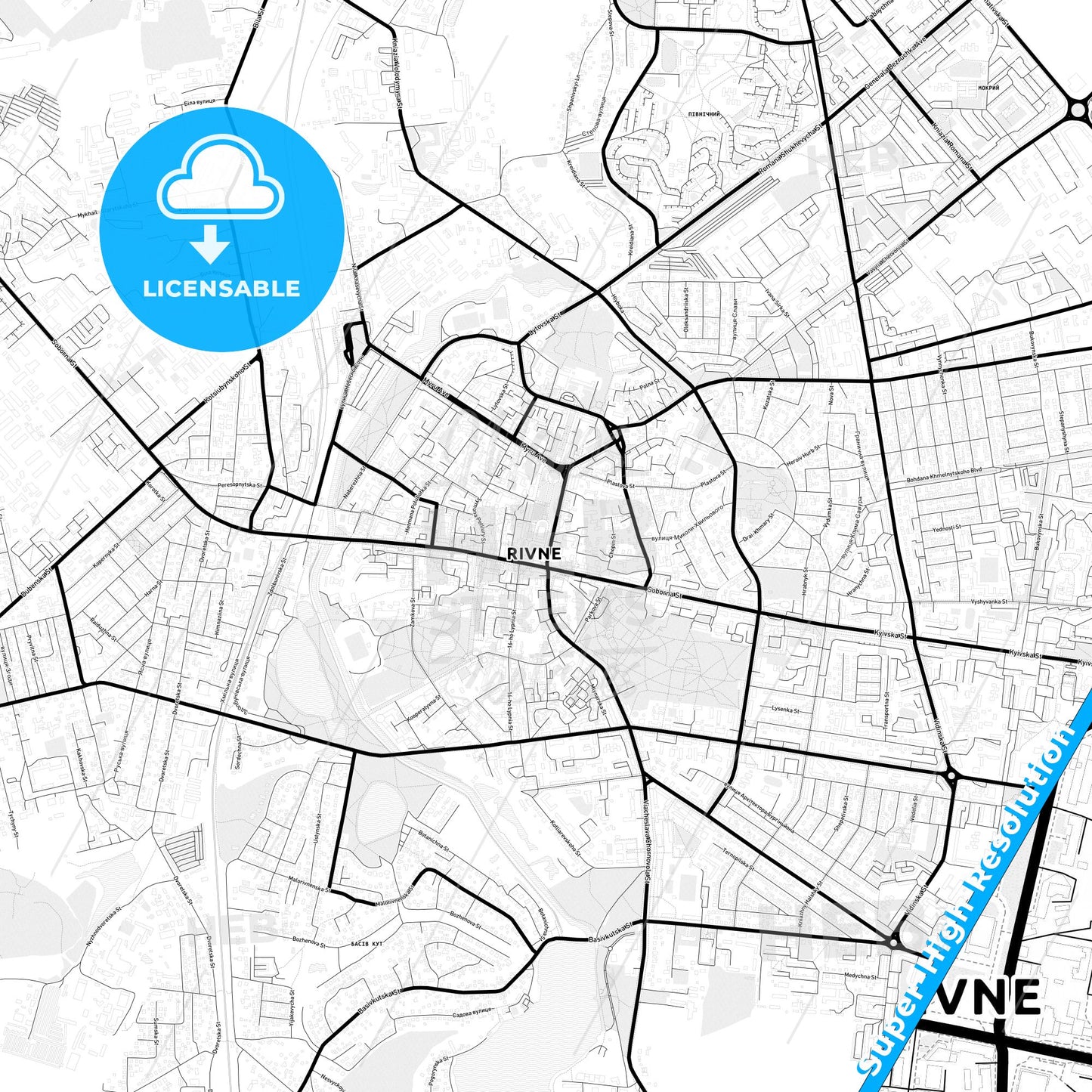 Rivne, Ukraine Light Map with Street Names, City Names, and Districts