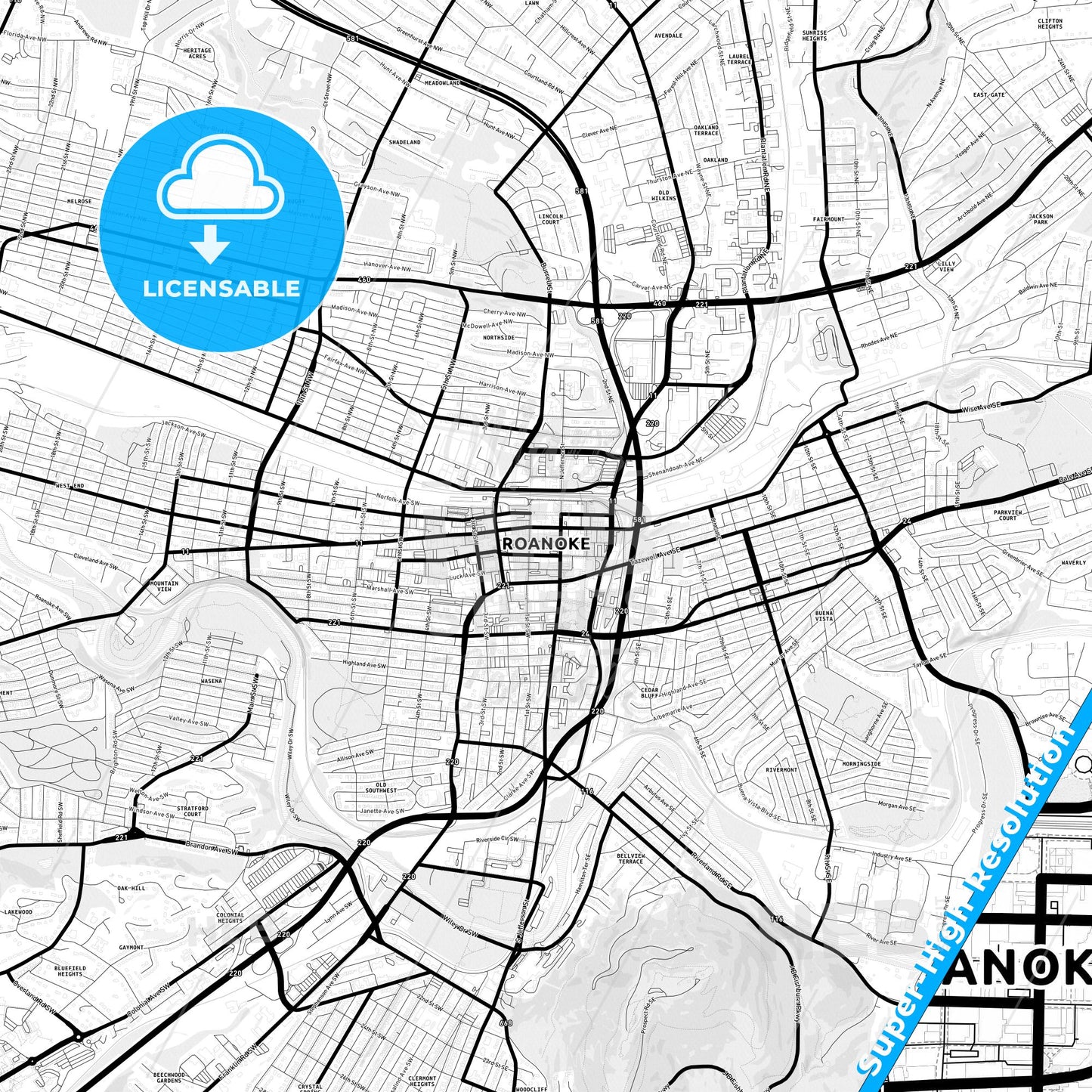 Roanoke, Virginia Light Map with Street Names, City Names, and Districts