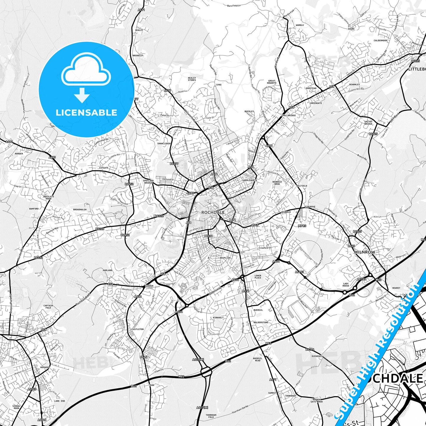 Rochdale, England Light Map with Street Names, City Names, and Districts
