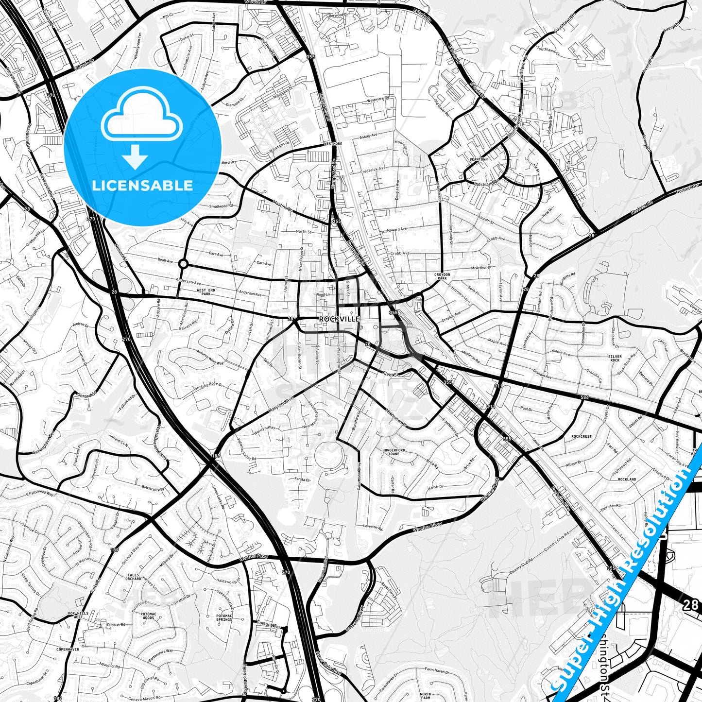 Rockville, Maryland Light Map with Street Names, City Names, and Districts