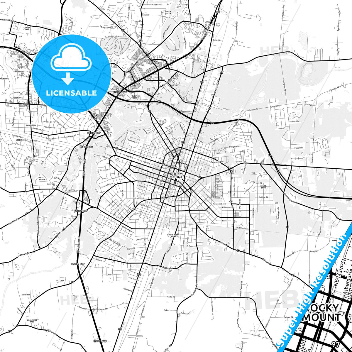 Rocky Mount, North Carolina Light Map with Street Names, City Names, and Districts