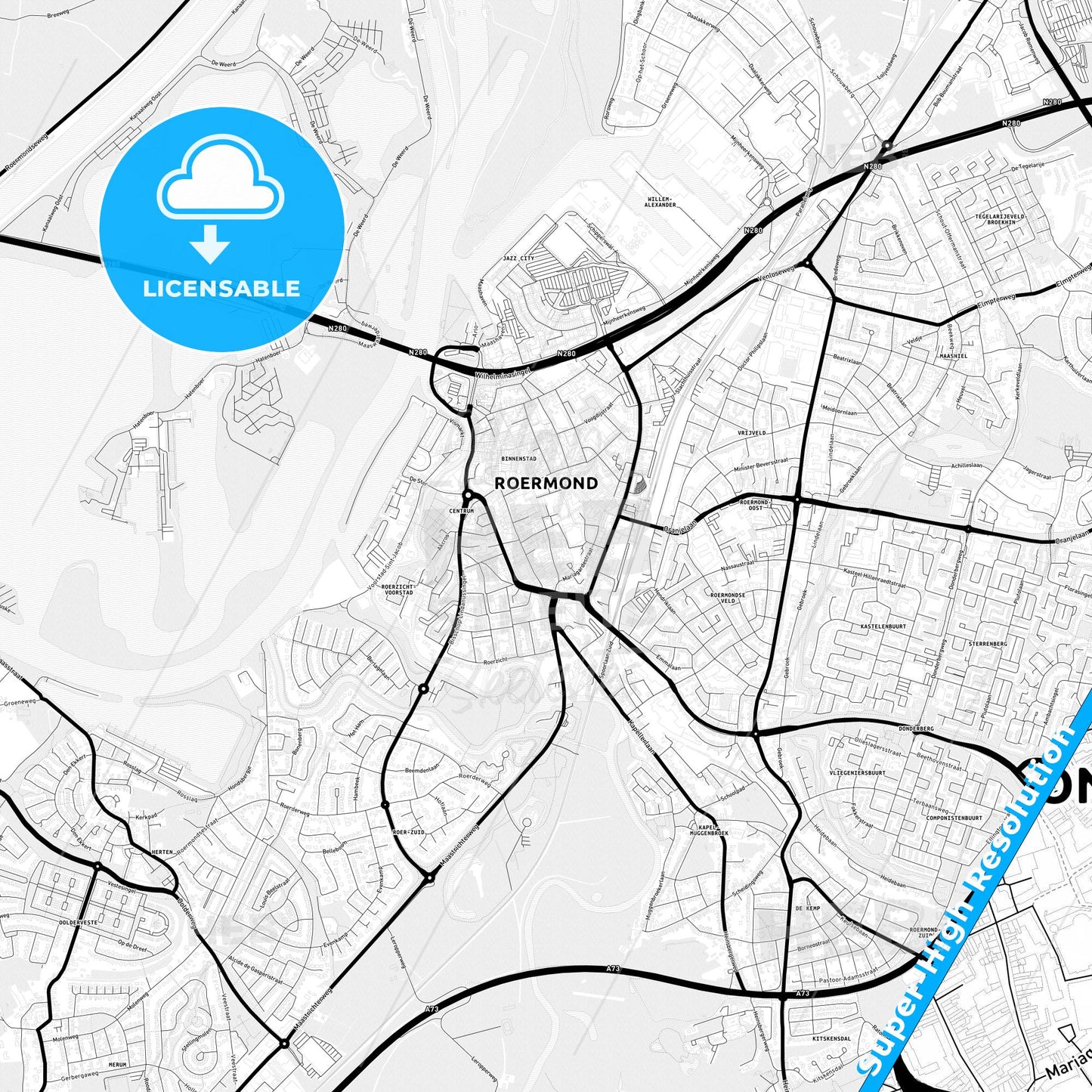 Roermond, Netherlands Light Map with Street Names, City Names, and Districts