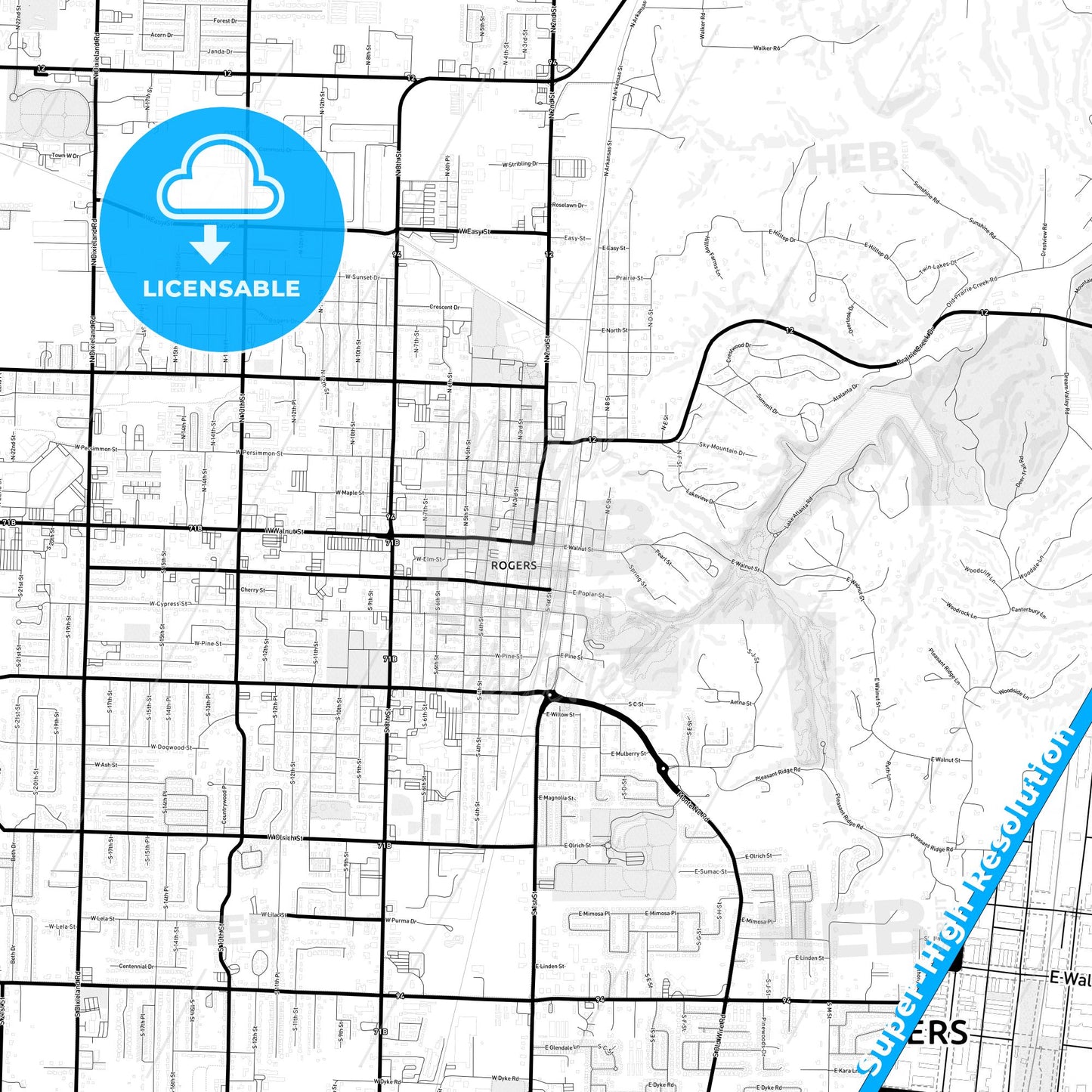 Rogers, Arkansas Light Map with Street Names, City Names, and Districts