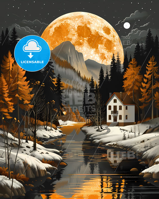 Vibrant Painting: House in the Woods with River and Full Moon, Romania, Europe
