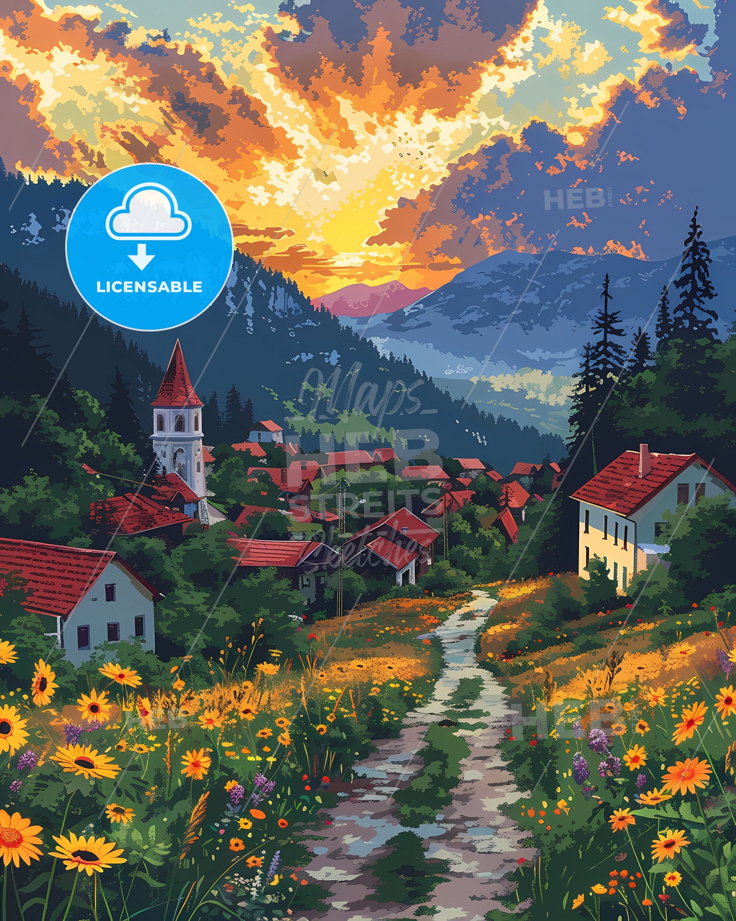 Framed Acrylic Painting of Vibrant Romanian Village Scene with Colorful Flowers and Majestic Mountains