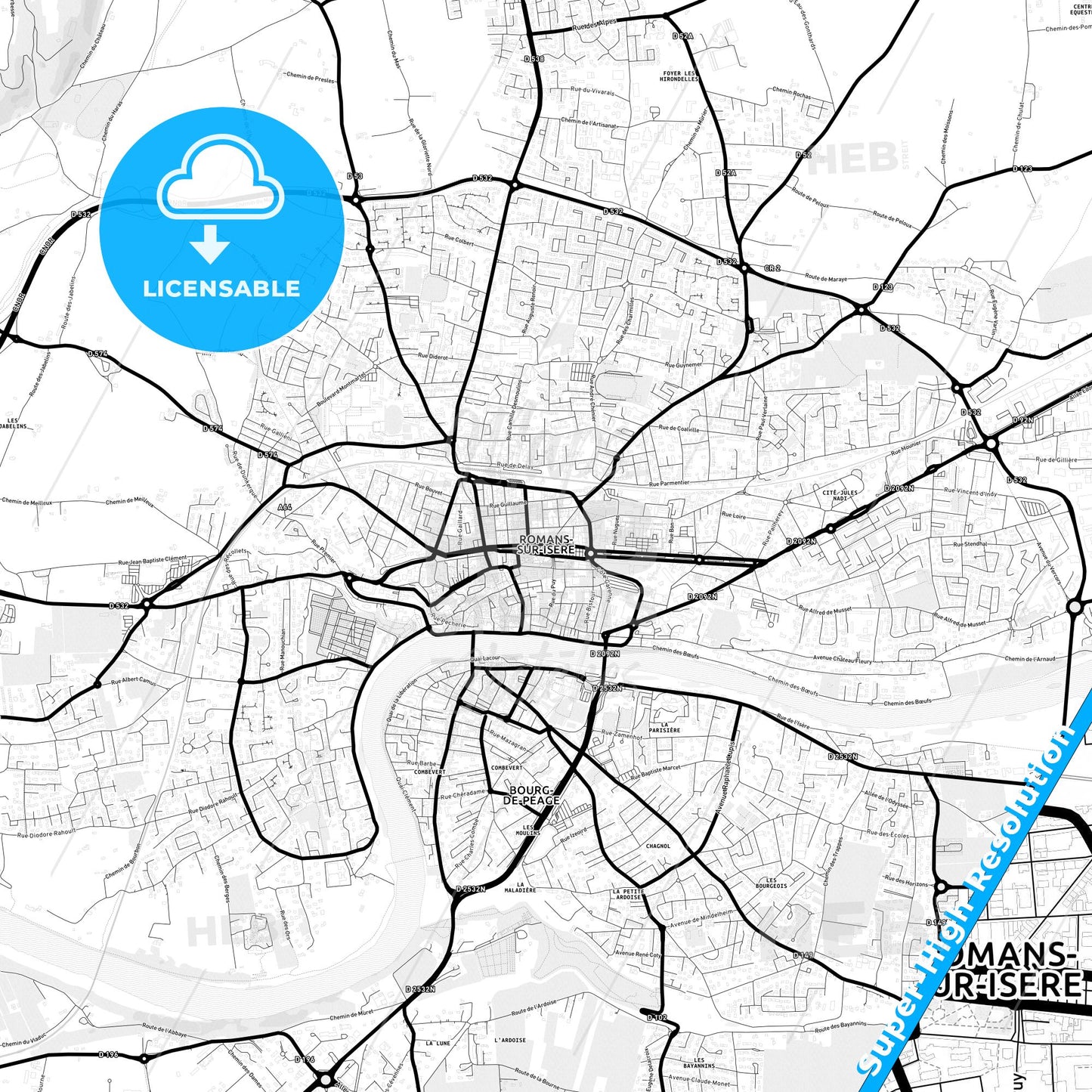 Romans-sur-Isère, France Light Map with Street Names, City Names, and Districts