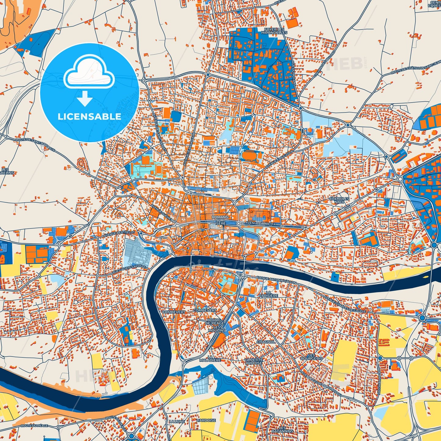 Colorful Romans-sur-Isère Street Map with Labels and Buildings