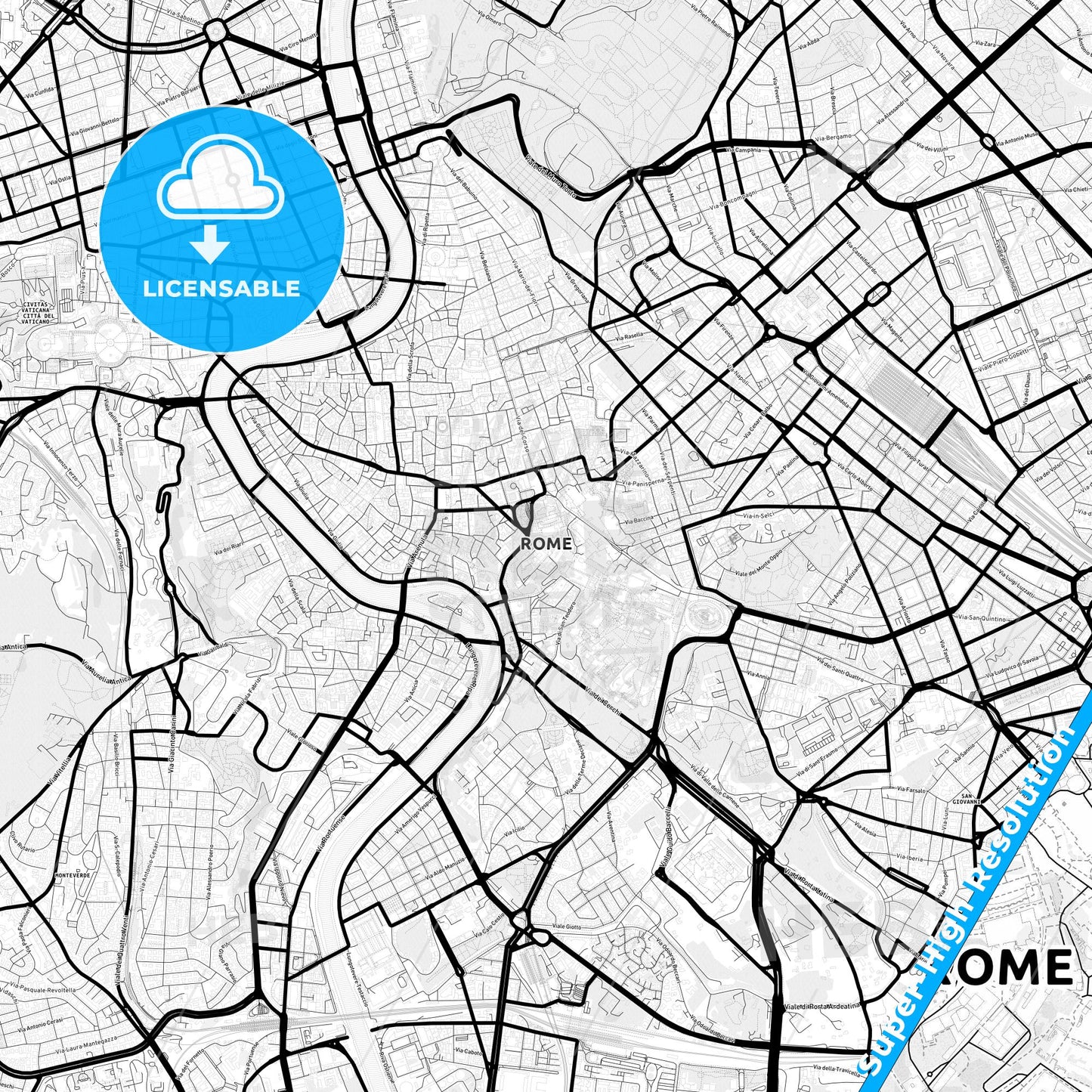 Rome, Italy Light Map with Street Names, City Names, and Districts