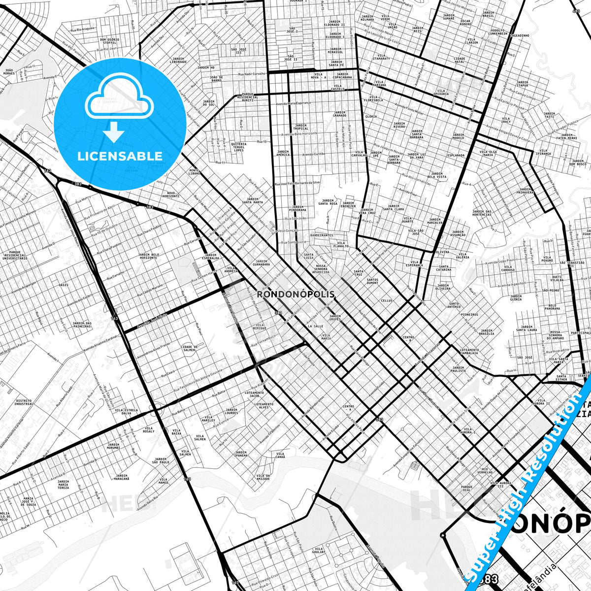 Rondonopolis, Brazil Light Map with Street Names, City Names, and Districts