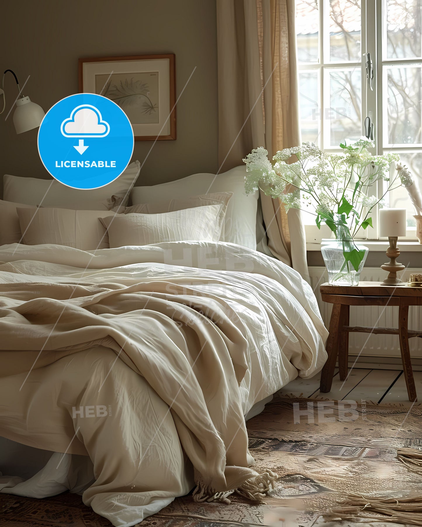 Minimalist Bedroom Decor with Vibrant Painting and White Bedding in Room with Window