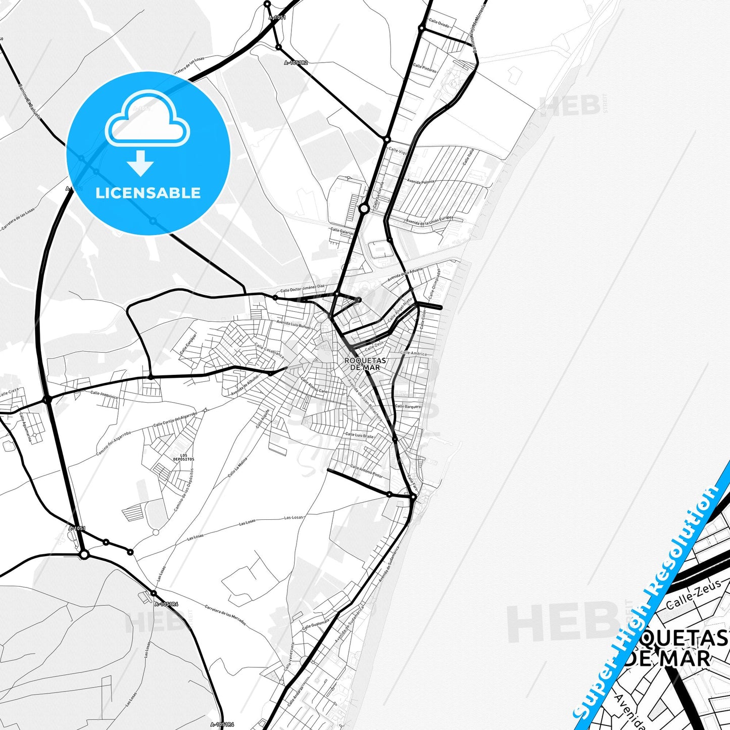Roquetas de Mar, Spain Light Map with Street Names, City Names, and Districts
