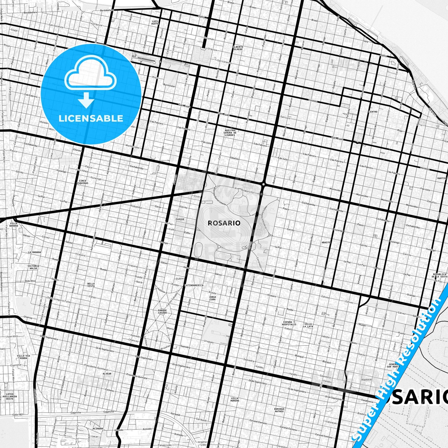 Rosario, Argentina Light Map with Street Names, City Names, and Districts