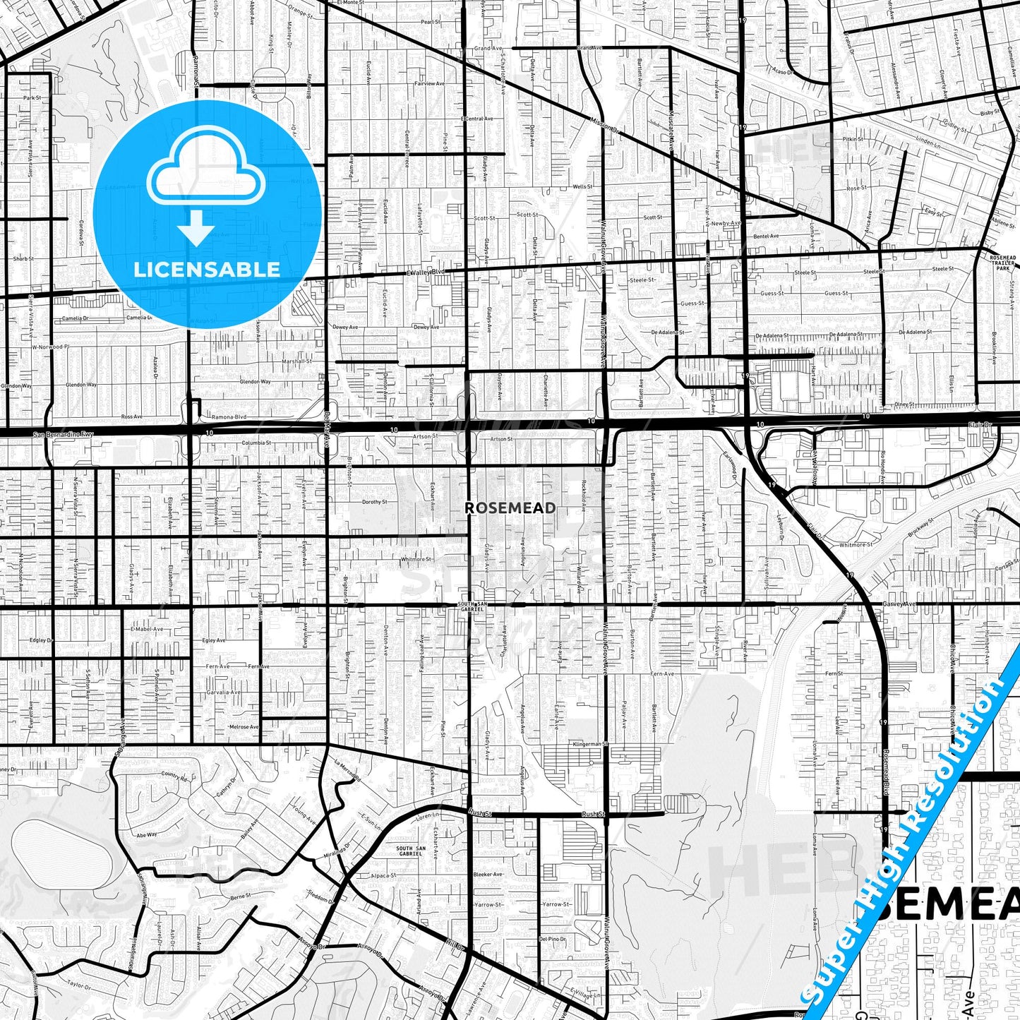 Rosemead, California Light Map with Street Names, City Names, and Districts