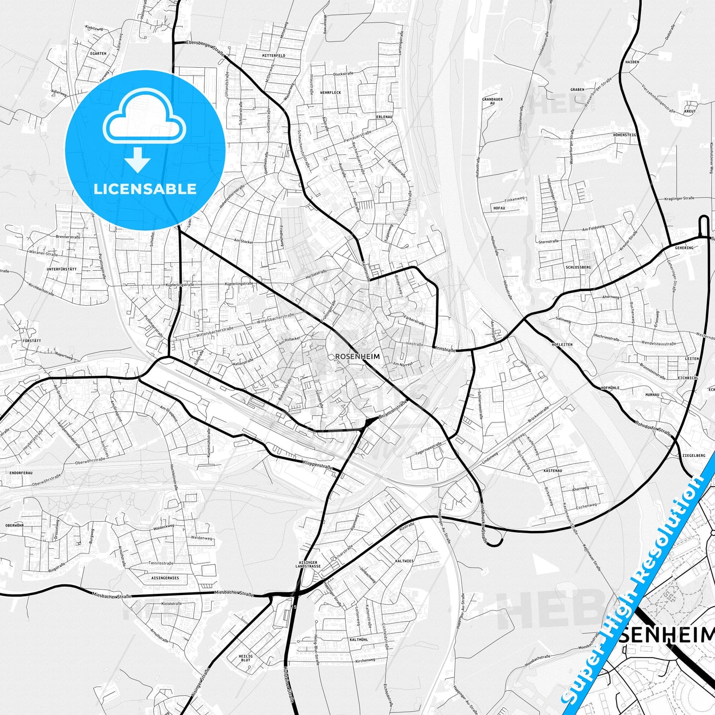 Rosenheim, Germany Light Map with Street Names, City Names, and Districts