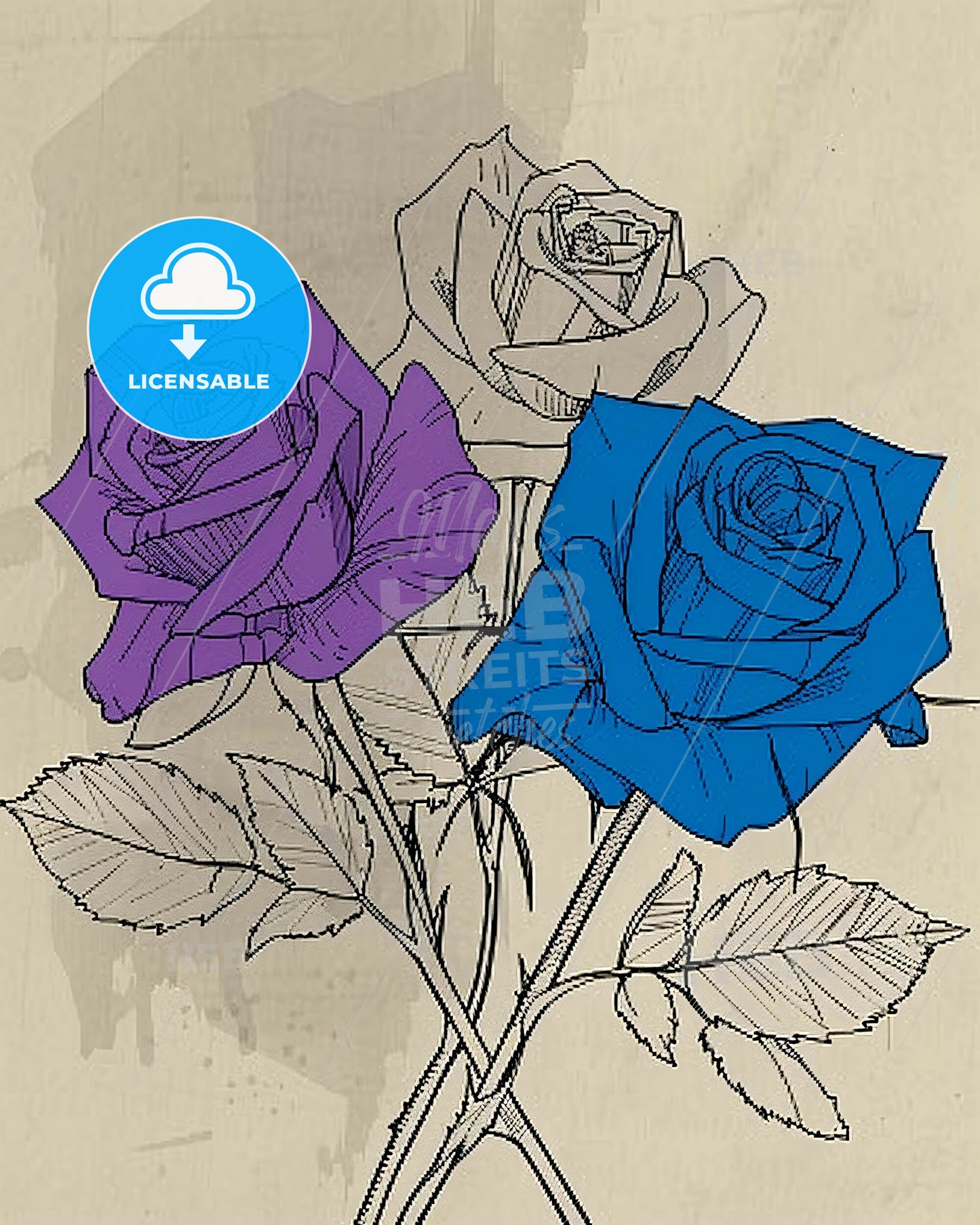 Bold and Graceful Lines in Floral Harmony - A drawing of a blue and purple rose