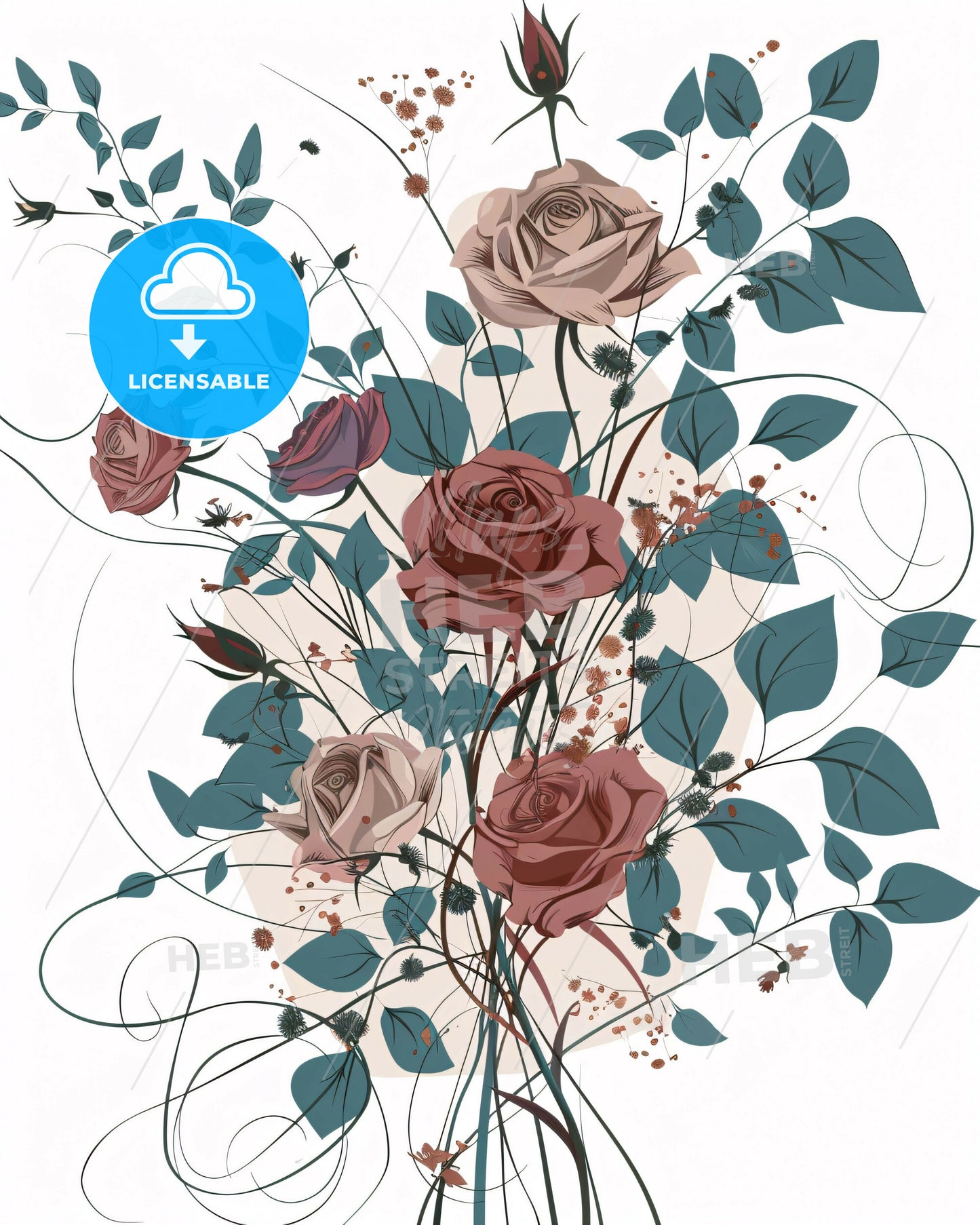 Minimalist Black Purple Blue Flower Poster - A bouquet of roses and leaves