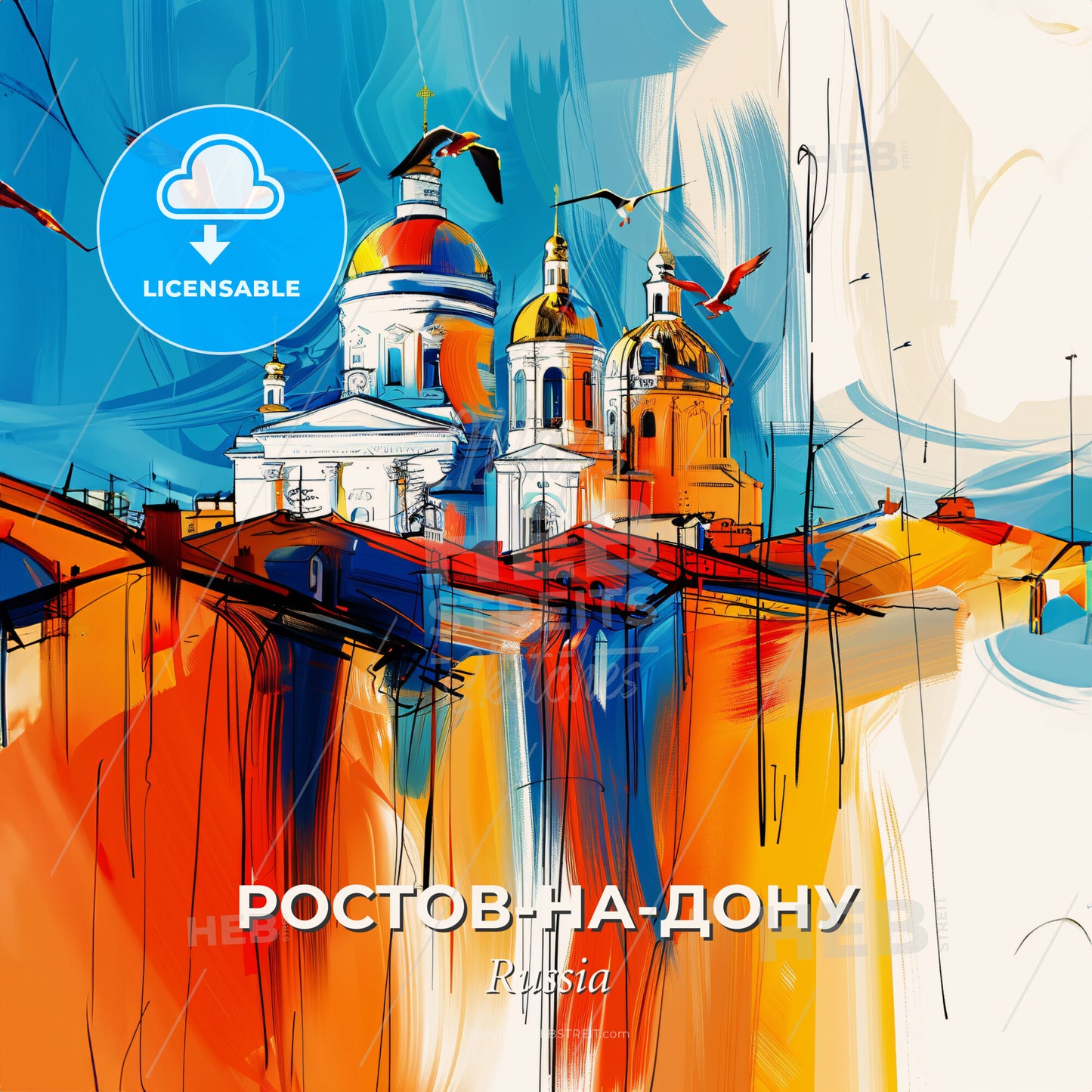 Vibrant Ростов-На-Дону, Russia - A Painting Of A Building With Birds Flying In The Sky - Square format print template
